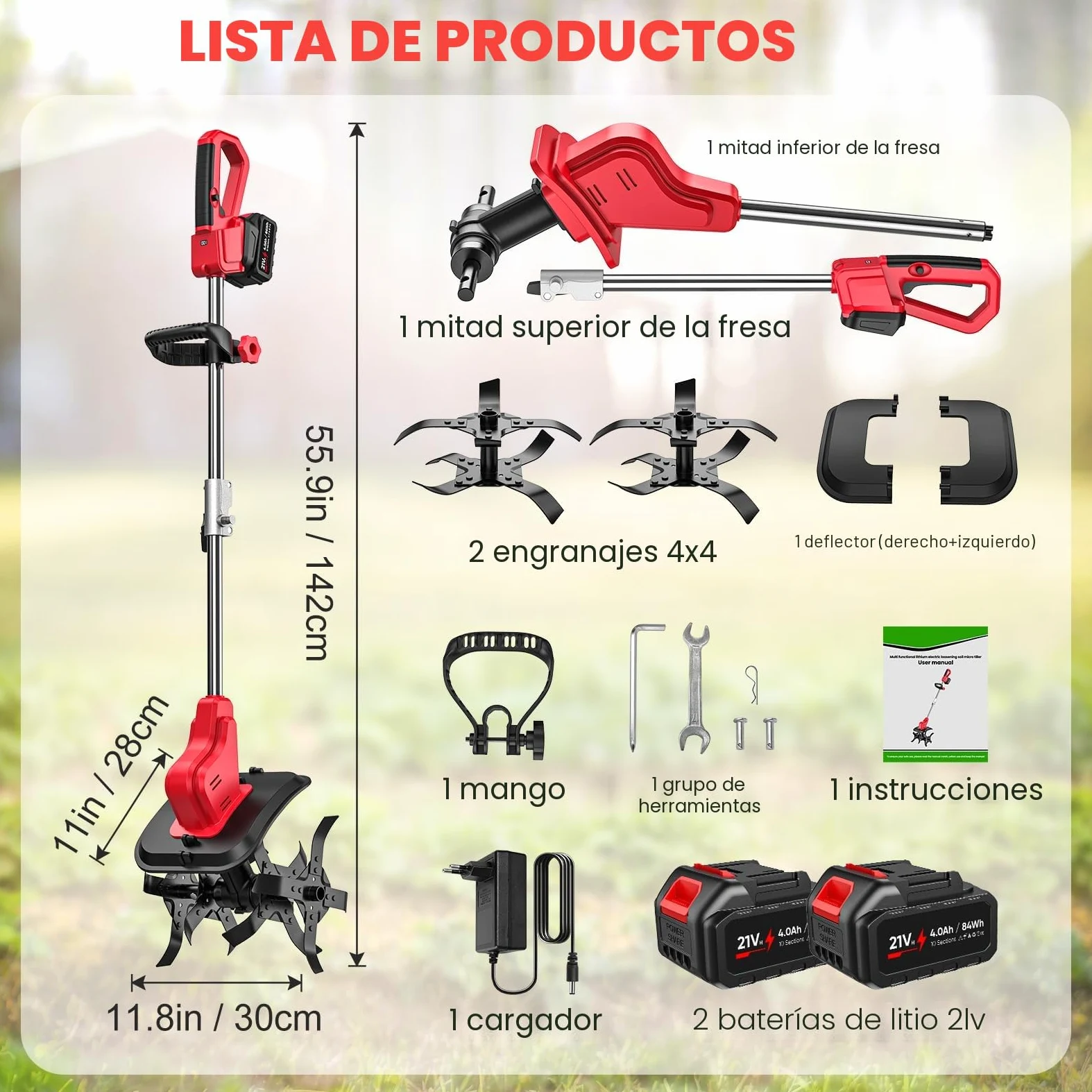 Motoazada Batería 550W, Motocultor Eléctrico 30cm con Pantalla LED, Rojo | Motor 550W, 2 Baterías 4.0Ah Inclusas, Pantalla LED, Rodillo Doble, Ancho 30cm, Mango Plegable, Ideal Para Jardinería