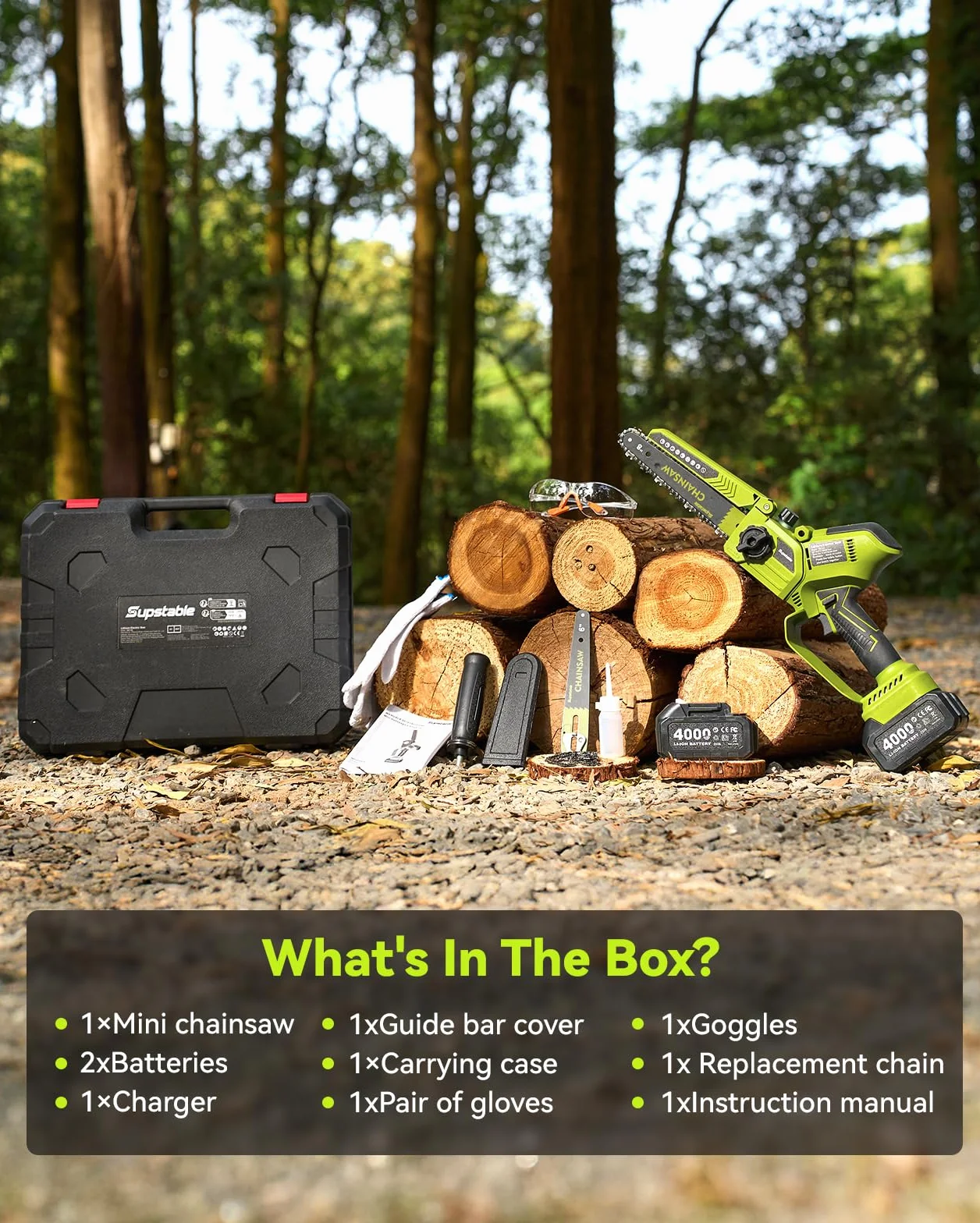 Mini Motosierra a Batería 8 y 6 Pulgadas, Sierra Electrica Podar Arboles con 4000 mAh, 2 Baterías, 1300W, Lubricación Automática de Cadena, Ajuste sin Herramientas, Compatible con Makita Batería 18V
