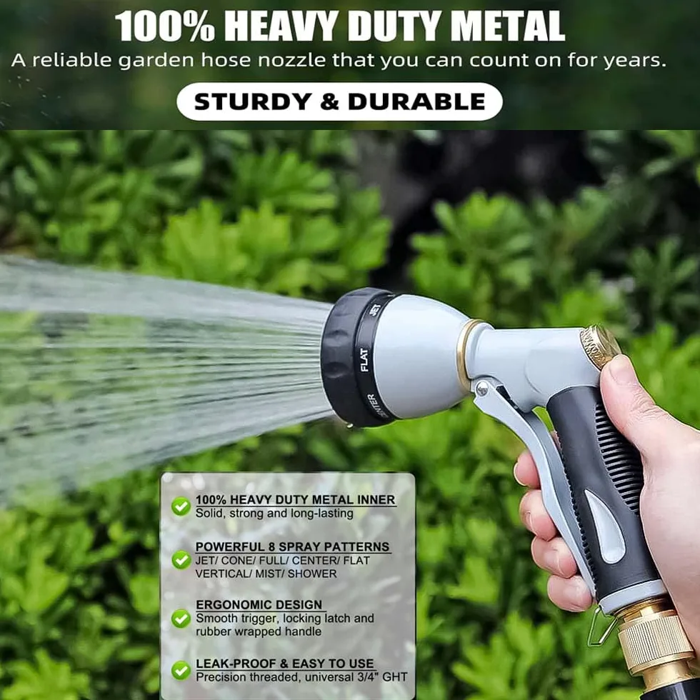 Boquilla de manguera de jardín resistente, 100% metal de alta presión, boquilla rociadora de manguera de agua con 8 patrones de pulverización ajustables, pulverizador de manguera de agarre