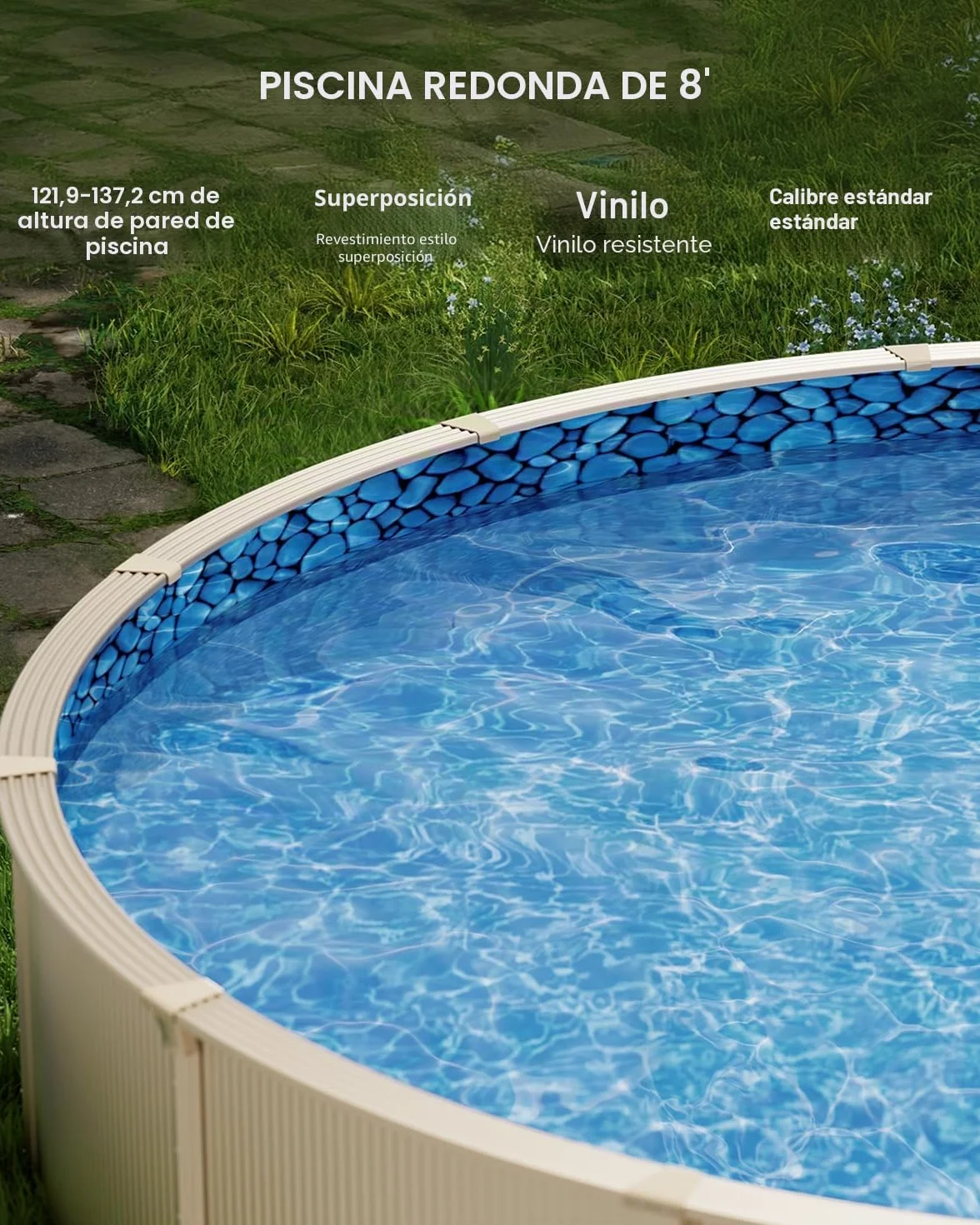 VEVOR Revestimiento para Piscina Elevada 244 cm Redonda Cubierta para Piscinas Superpuestos Vinilo de Calibre Estándar Altura de Pared 122-137 cm Diseñado para Piscinas Elevadas con Lados de Acero