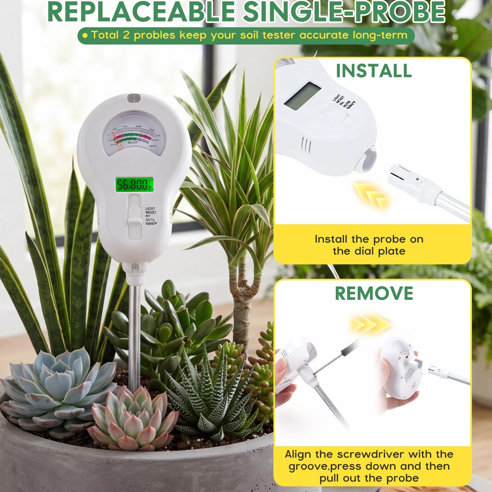 Medidor de Humedad del Suelo 6 en 1 Medidor de pH de Suelo Preciso Fertilidad/PH/Humedad/Temperatura/Humedad Ambiental/Luz Probador de Suelo con Problema Extraíble para Plantas Interior Exterior
