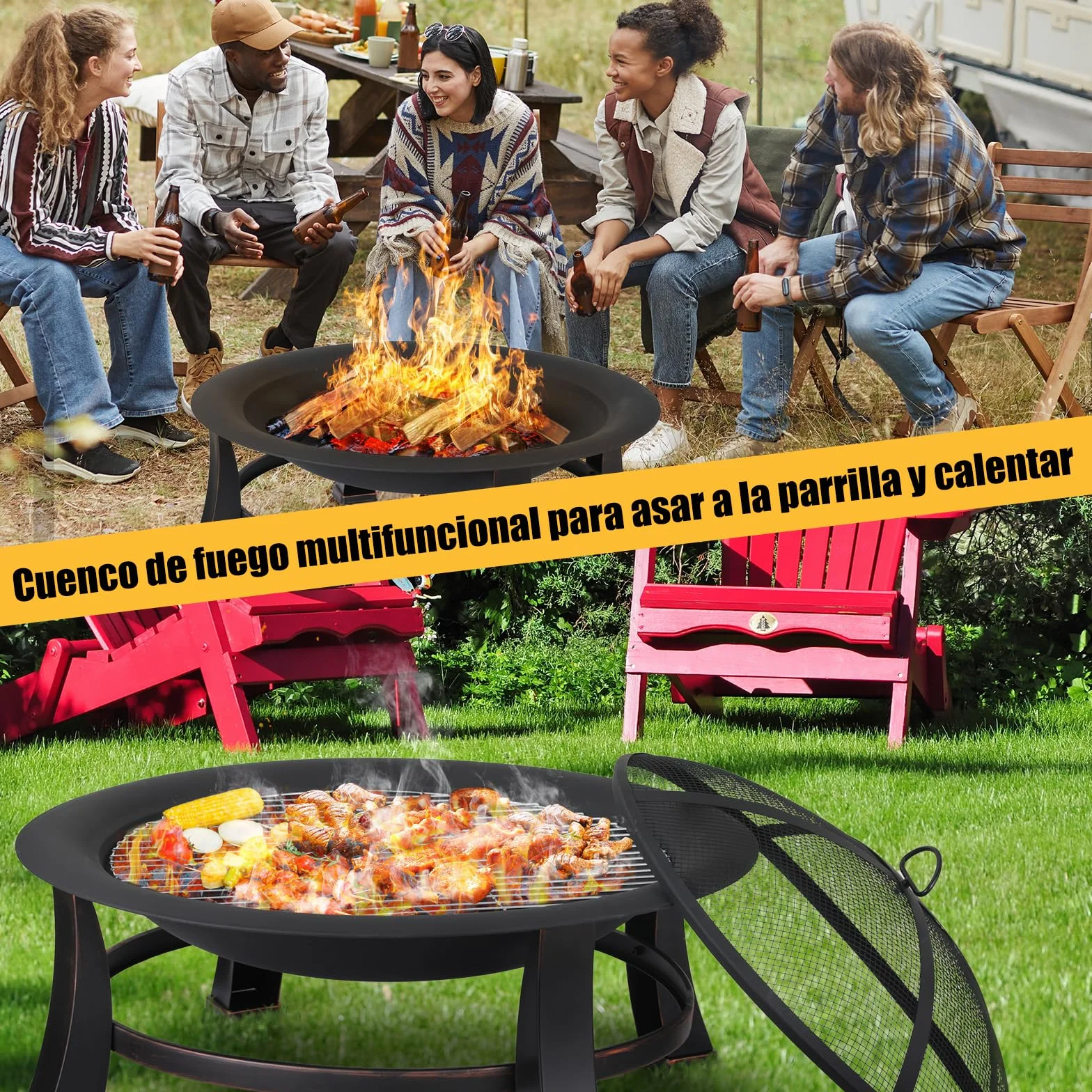 TLGREEN Brasero Exterieur Jardin, Ø 76 cm Pozo de Fuego con Protector de Chispas y Atizador, Brasero Barbacoa con Rejilla para Jardín y Terraza, Parrilla Brasero al Aire Libre de Aspecto Retro