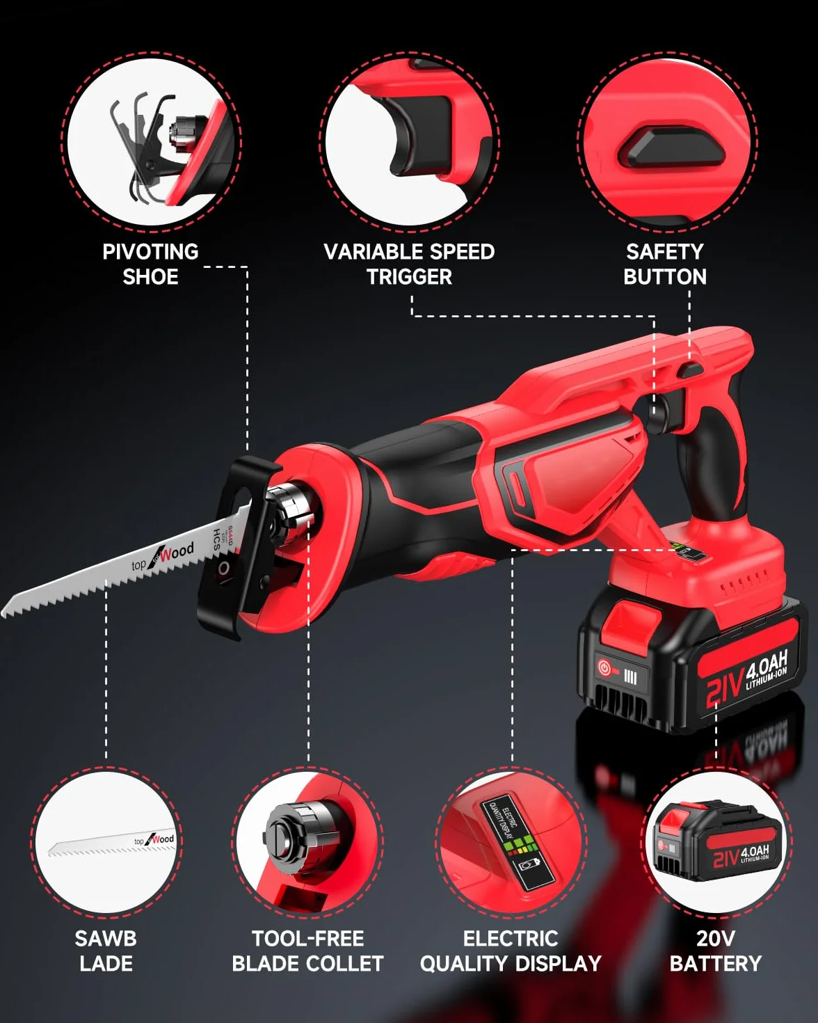 XIAZIR Sierra Sable Inalámbricas, Motor Brushless 3500 CPM, podadora 2×21V 4000mAh Baterías de Alto Rendimiento, Juego de 8 Hojas para Madera, Metal, PVC y Plástico, Sierra Recíproca Portátil