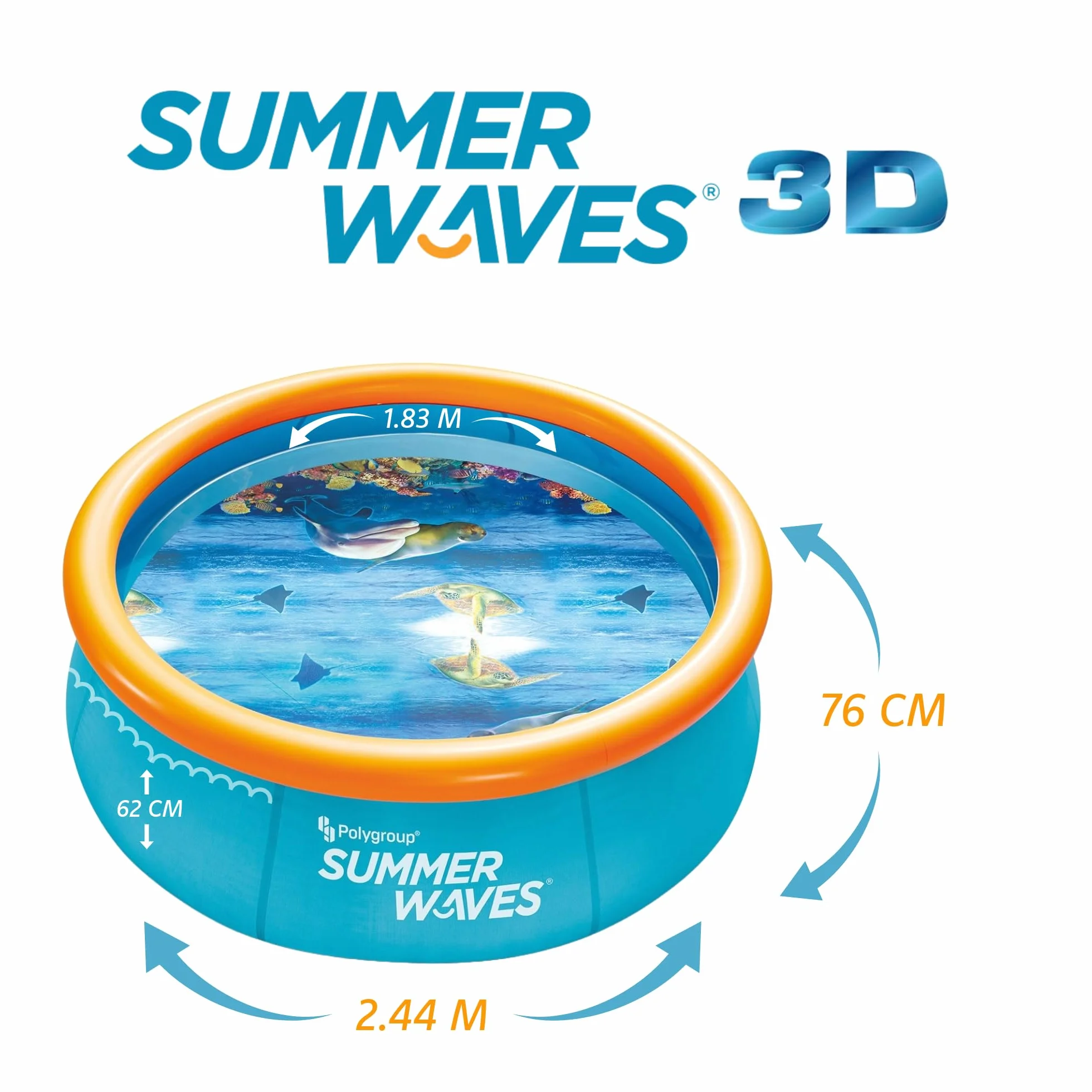 Summer Waves Piscina Desmontable Hinchable Familiar, Piscina de Jardín Redonda 3D, Incluye 2 Gafas, 2.44 M x 76 CM