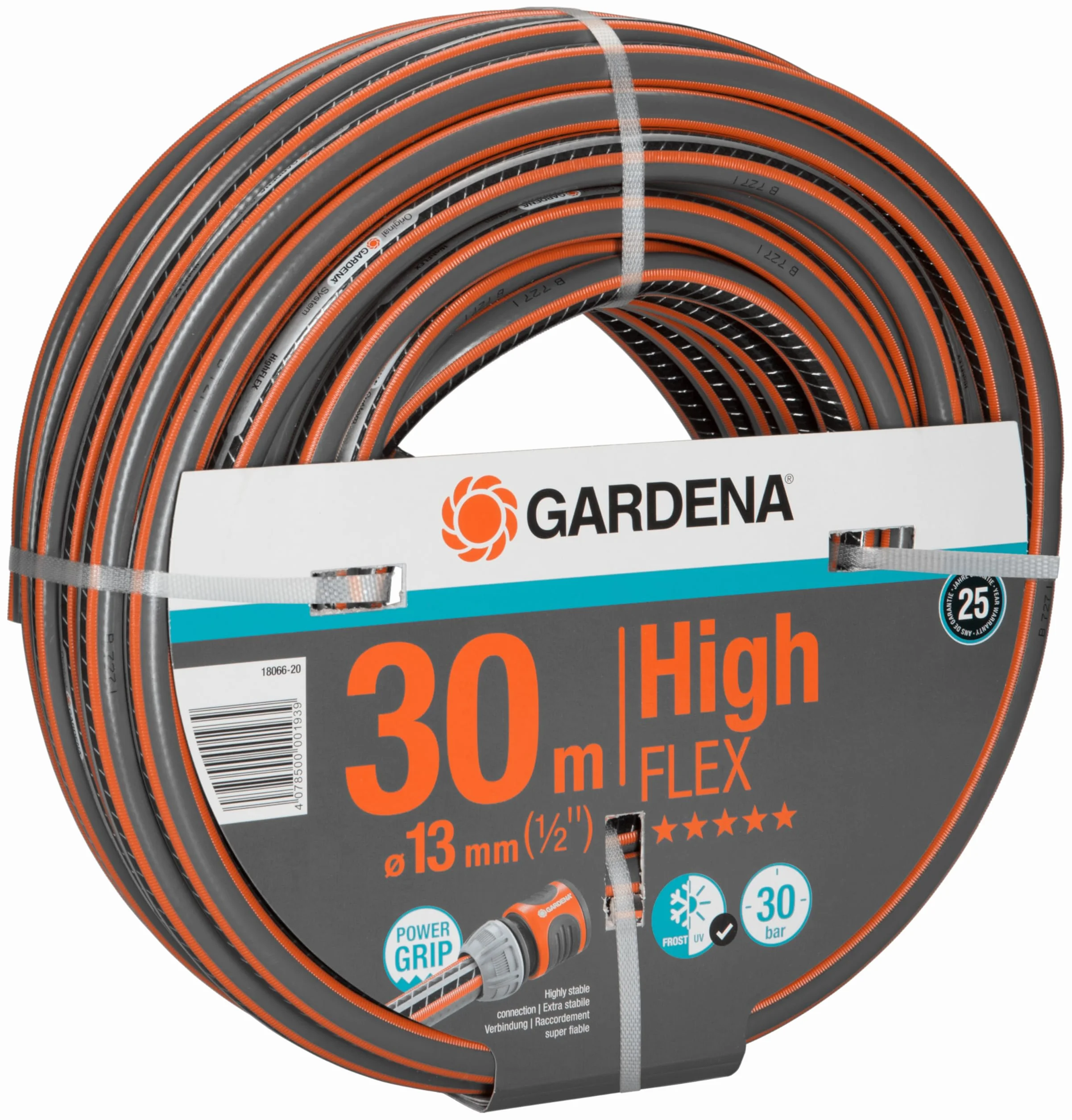Gardena Manguera de jardín con perfil de agarre eléctrico, Presión de ruptura de 30 bar, Dimensionalmente estable, Resistente a los rayos UV, Color Negro/Gris/Naranja, 30 m