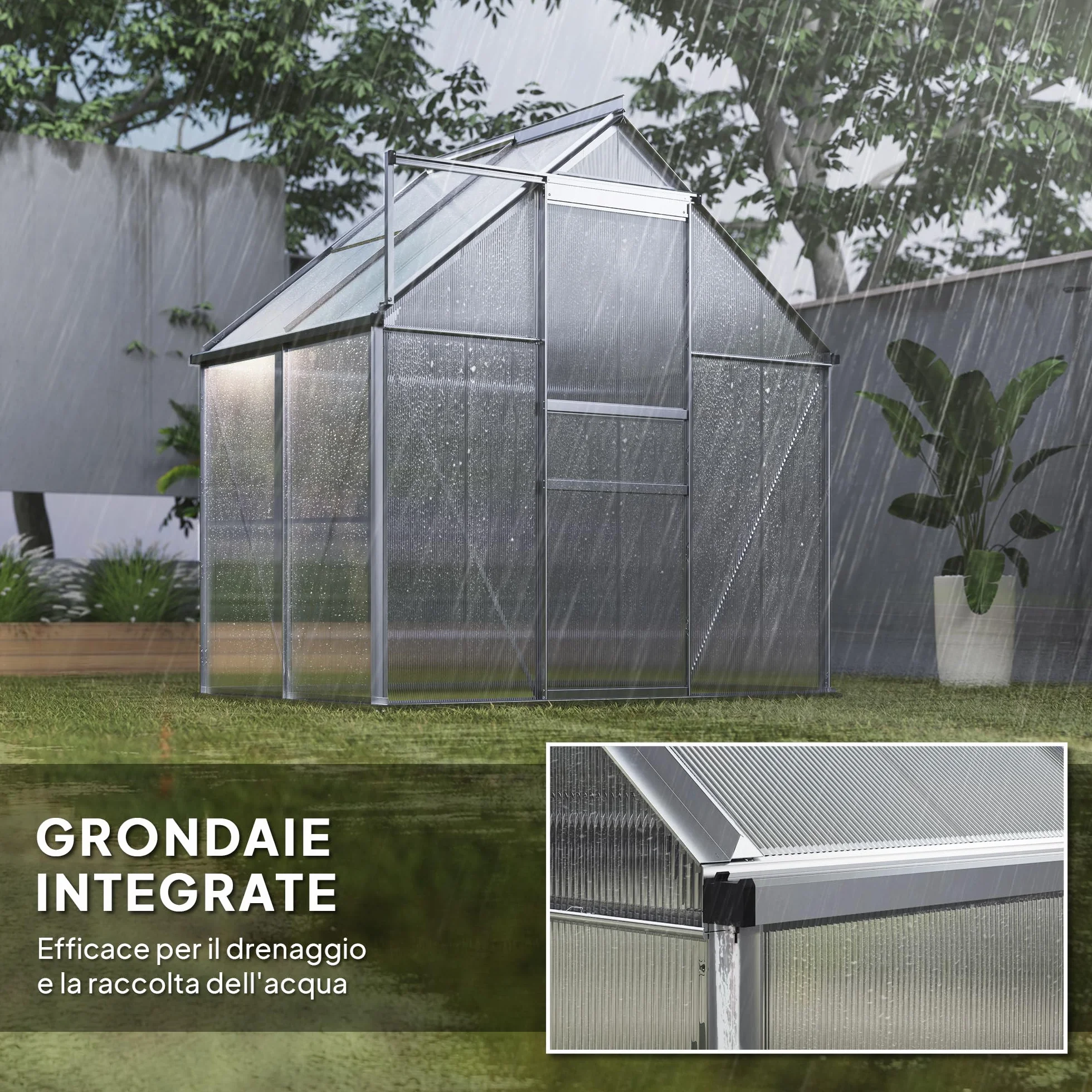 Outsunny Invernadero de jardín de policarbonato con marco de aleación de aluminio 2,5㎡, invernadero para huerto con base, canalones, ventana de techo ajustables, puerta batiente, para plantas, anti UV