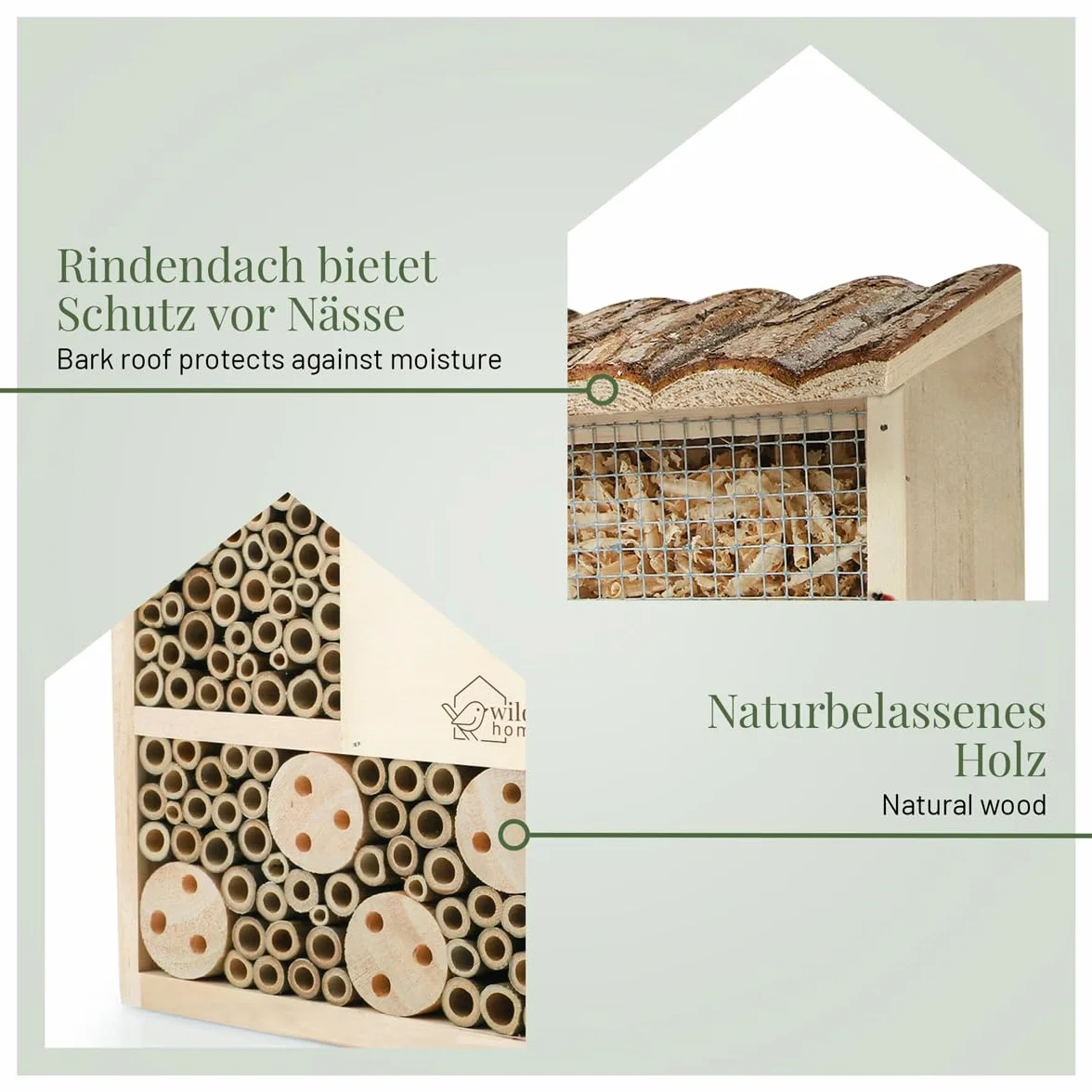WILDLIFE HOME Hotel para insectos con techo de corteza I Sin tratar, casa de abejas de madera maciza para abejas, mariquitas y crisopas, casa de insectos I Nido para colgar hotel para insectos