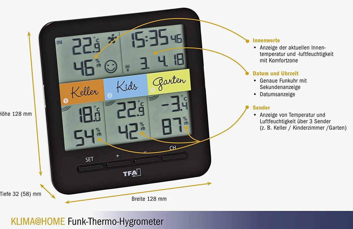 TFA Radio Termo-Higrómetro KLIMAHOME,30.3060 Control del Clima (Negro con baterías)
