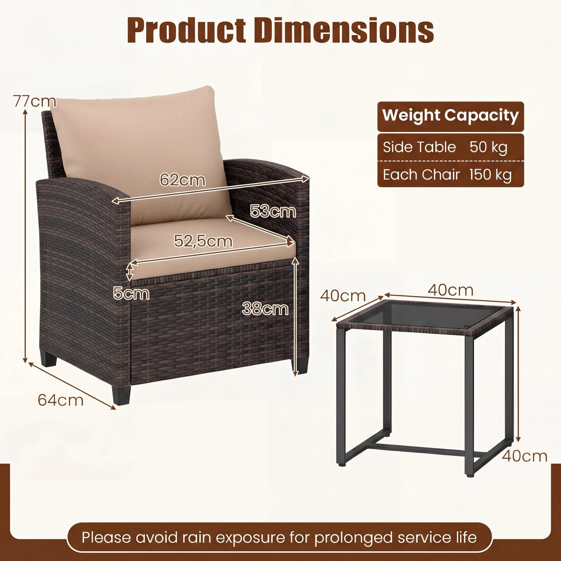 GIANTEX Juego de Muebles Jardín Exterior 3 Piezas, 2 Sillones con Cojines y 1 Mesa de Café de Vidrio, para 2 Personas, Conjunto de Conversación para Balcón, Terraza, Patio (Marrón+Café)