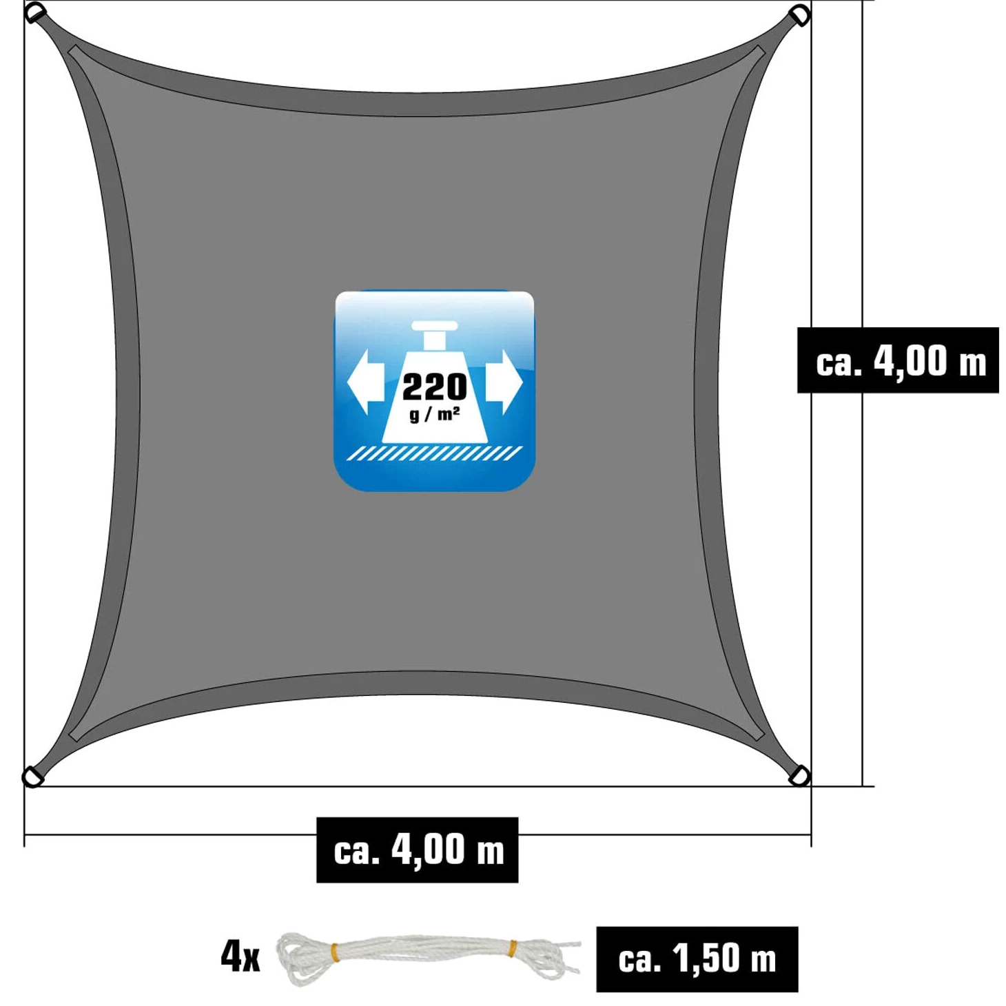 AMANKA Toldo Vela Rectangular 4x4 m - 90% Protección UV - Toldo Permeable para Exterior - Tela Toldo Sombra - Toldo para Pergola - Tela Solar Exterior - Lona Camping Sombra Toldos de Piscinas Toldo 4m