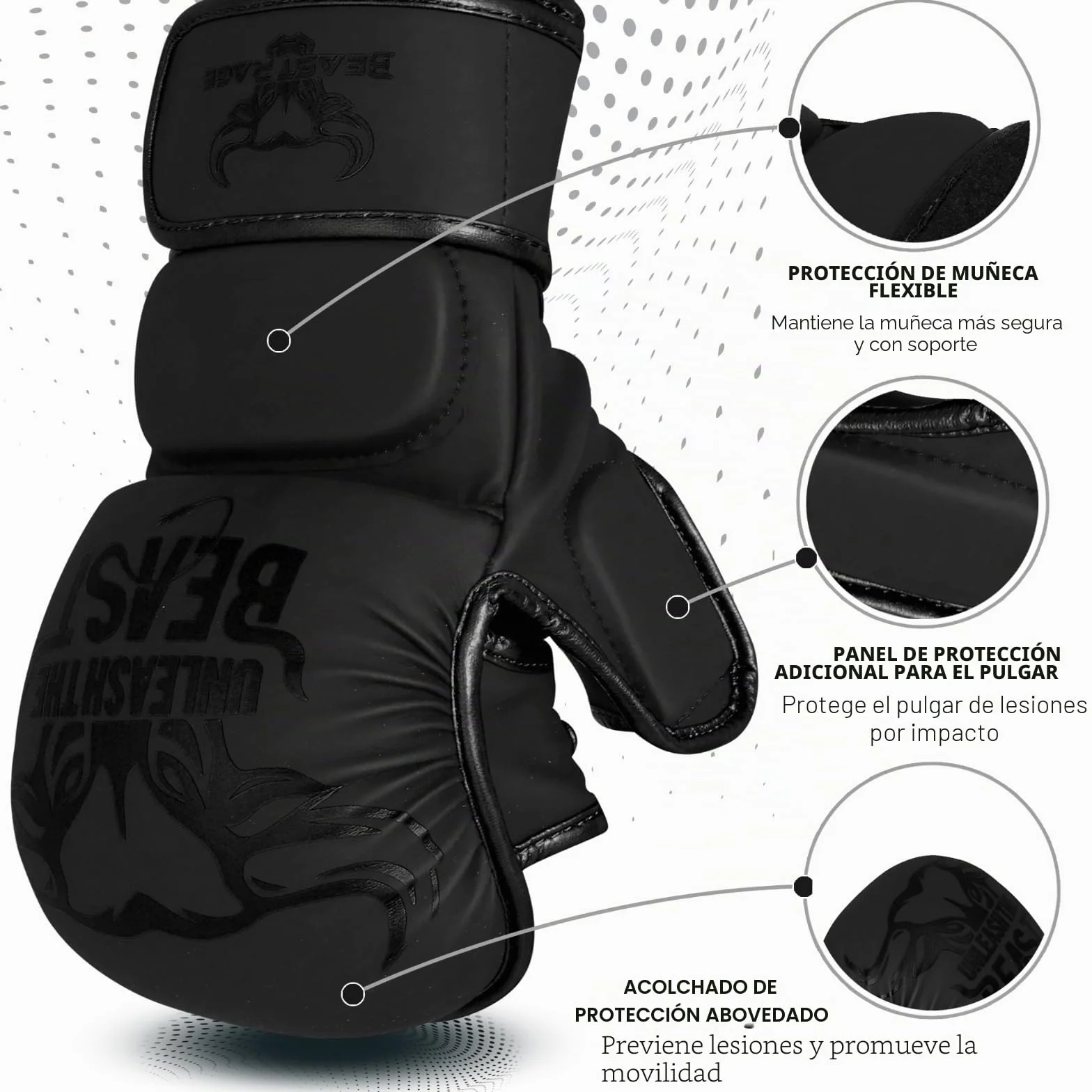 BEAST RAGE Guantes de MMA con Soporte de Muñeca Ajustable, Palma Abierta para Muay Thai y Combate