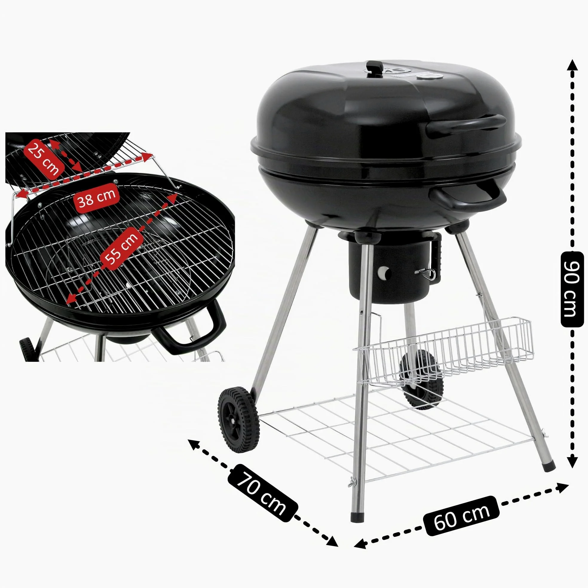 BBQ-Toro Barbacoa de Carbón con Tapa, Termómetro y Regulador de Aire "Birch" | 57 cm | Superficie de Parrilla Ø 55 cm | Barbacoa Portátil | Barbacoa con Ruedas | con 2 Parrillas, Estante y Canasta