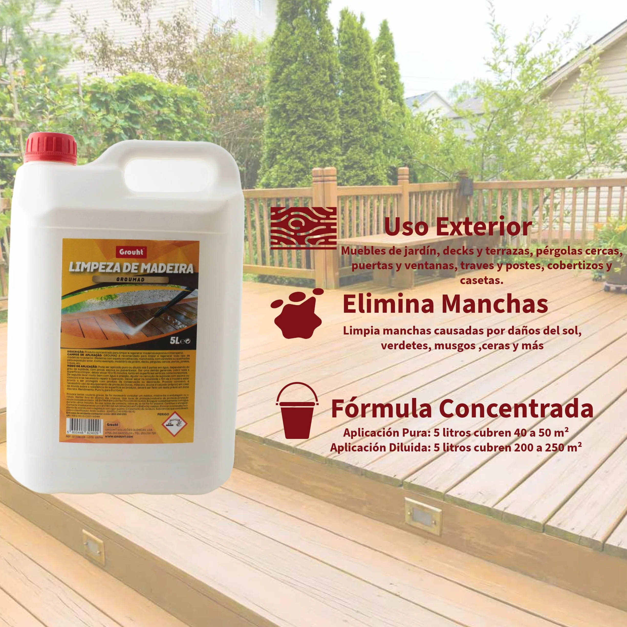 Limpiador Professional de Madera Exterior 5L para Jardín, Decks, Vallas y Puertas Envejecidas con Rendimiento hasta 50 m² contra Musgo, Manchas y Humedad