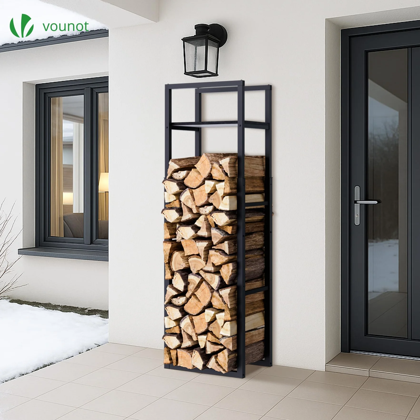 VOUNOT® Soporte de Madera Vertical de Metal Ajustable de 3 Niveles, 45 x 32 x 120-170 cm, Leñero con Estantería Integrada, Estante de Registro de Chimenea para Interior y Exterior, Negro
