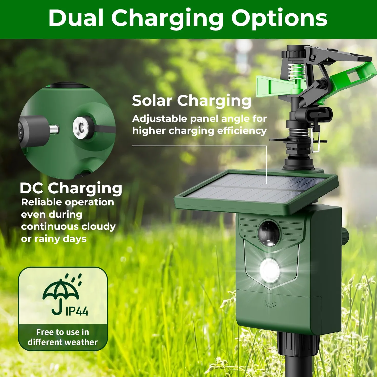 Ahuyentador de animales por chorro de agua, ahuyentador de aves, para jardín y estanque, carga USB/carga solar en dos modos, detector de movimiento PIR, ahuyentador de pájaros