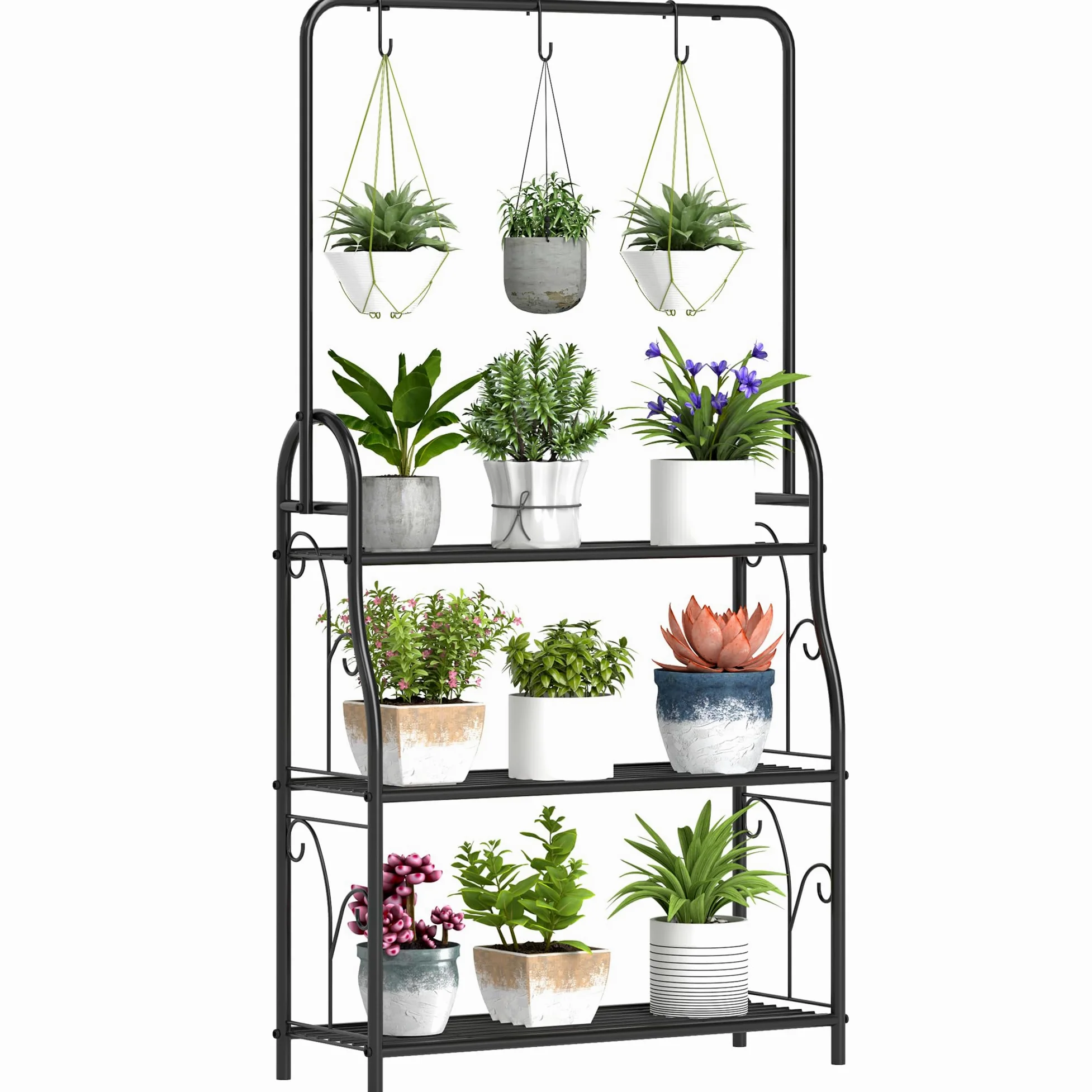 Outsunny Estantería para Plantas de 3 Niveles Soporte para Plantas con Ganchos de Metal Barra para Colgar Soporte para Macetas para Interior y Exterior Negro