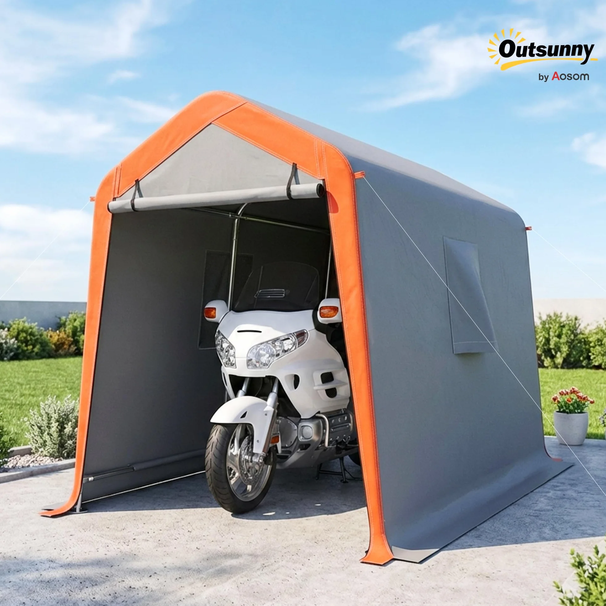 Outsunny Carpa Garaje Portátil 2,4x1,8 m, Garaje Exterior para Coche Impermeable con Puerta Enrollable con Cremallera, Ventanas, Estructura de Metal Galvanizado, UPF30+, Gris Claro