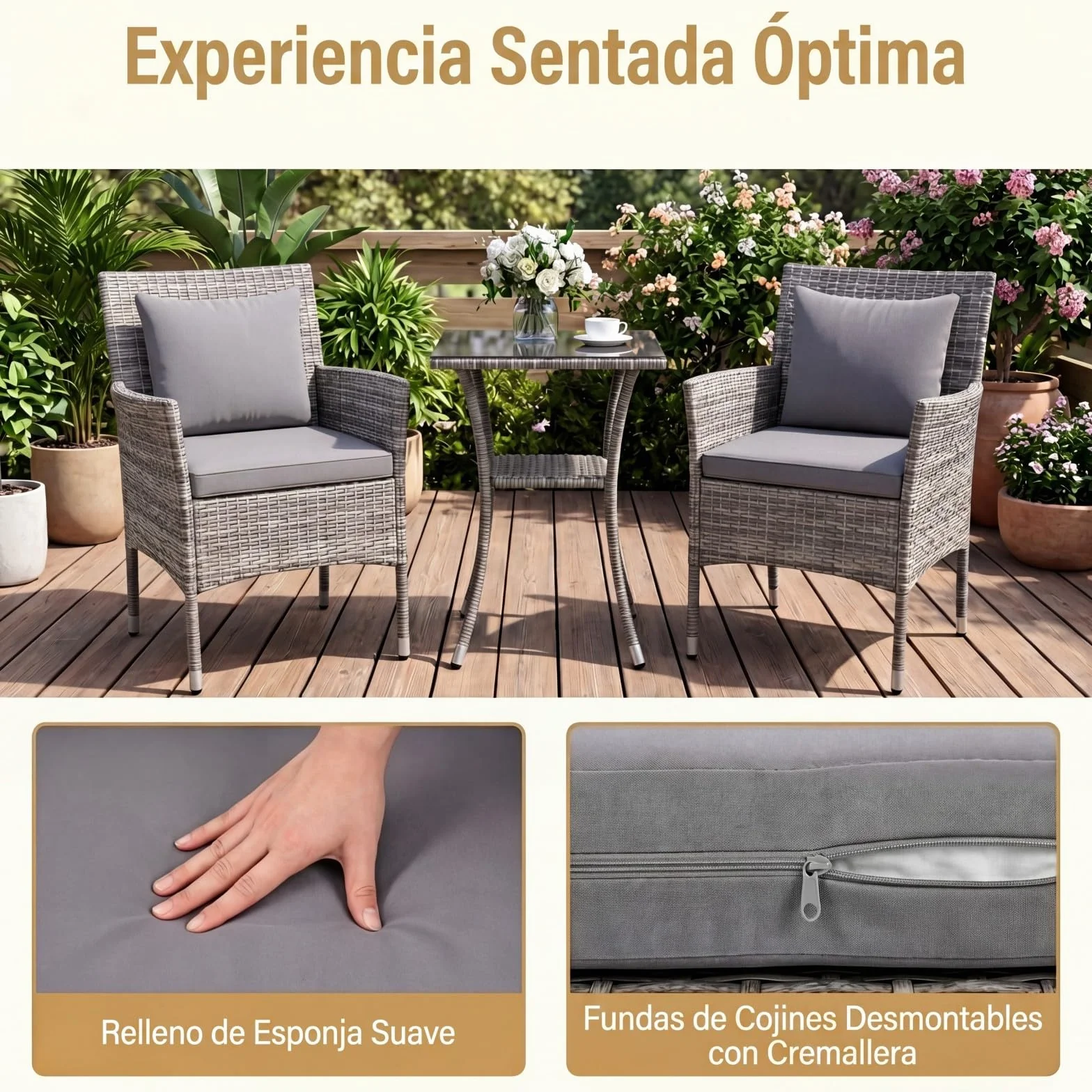 GIANTEX Juego de Muebles de Jardín 3 Piezas, 2 Sillones con Cojines y 1 Mesa con Tablero de Cristal, Conjunto de Muebles de Ratán para 2 Personas, Juego de Bistró para Balcón, Patio (Gris)