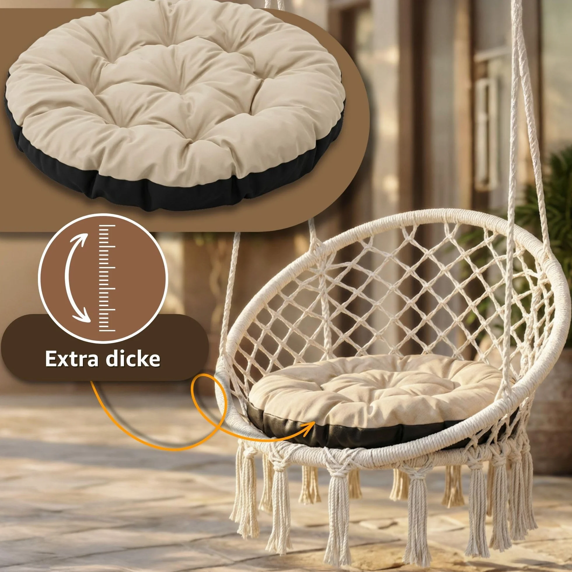 Amazinggirl Cojín Redondo Jardin para sillas Colgante et Silla Ratan 60 cm - Cojin para Hamaca Cojines Redondos de Asiento Exterior o Interior Beige Sombra B