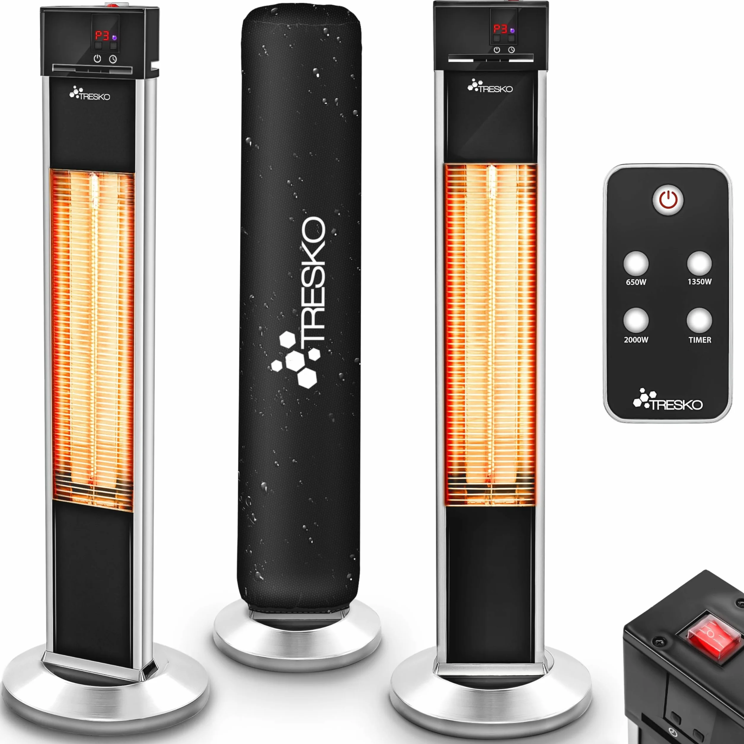 TRESKO Calefactor por Infrarrojos 2000W Control Remoto Estufa Radiante 3 Temperaturas Radiador Eléctrico Exterior Interior Calentador Pantalla LED