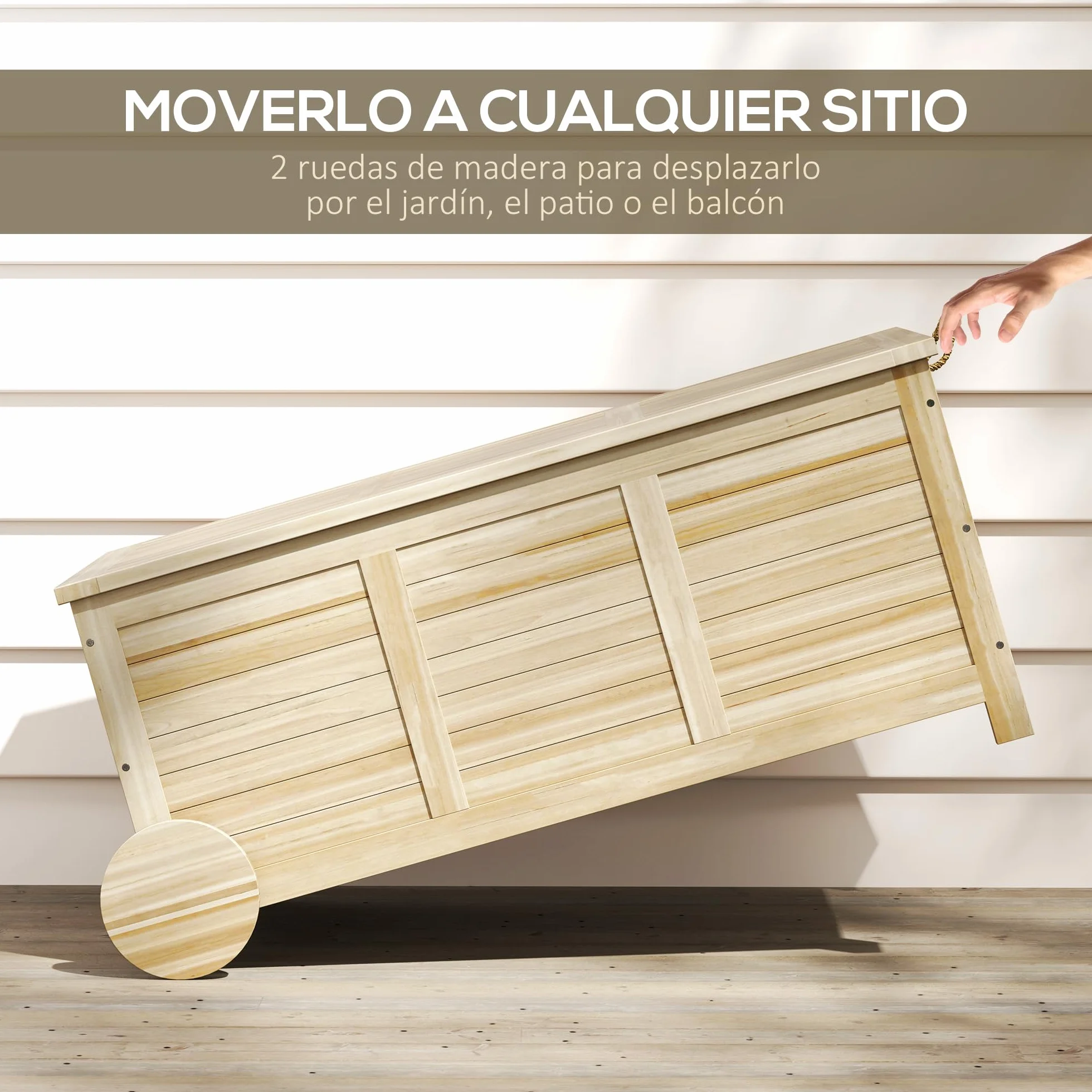 Outsunny Baúl de Almacenaje Exterior 185L, Arcón de Jardín de Madera con Tapa Abatible, 2 Ruedas, Bisagras Metálicas, Cuerdas de Lino y Forro Interior, 110x50x50 cm, Natural