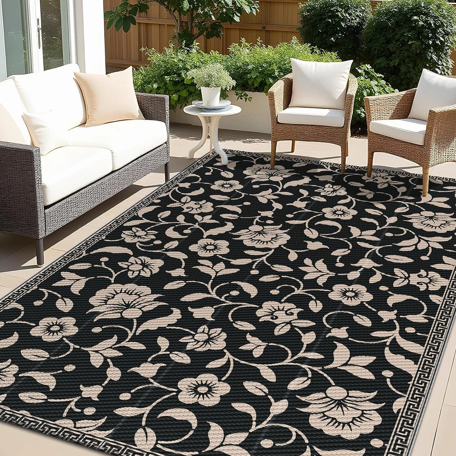 smiry Alfombra de jardín impermeable para exteriores, resistente a los rayos UV, alfombra reversible de paja de plástico para balcón, camping, picnic, patio trasero, 120 x 180 cm, negro y beige, flor