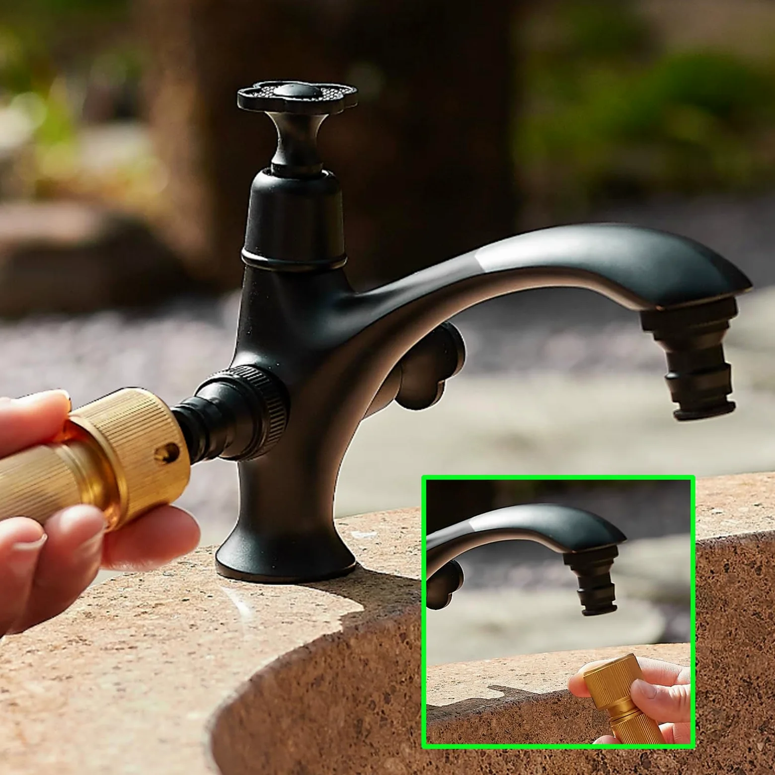 Grifo De Jardin Laton Giratorio De 360° Grifo Lavadora Doble Salida Solo Agua Fría Apto para Exterior O Baño,Negro
