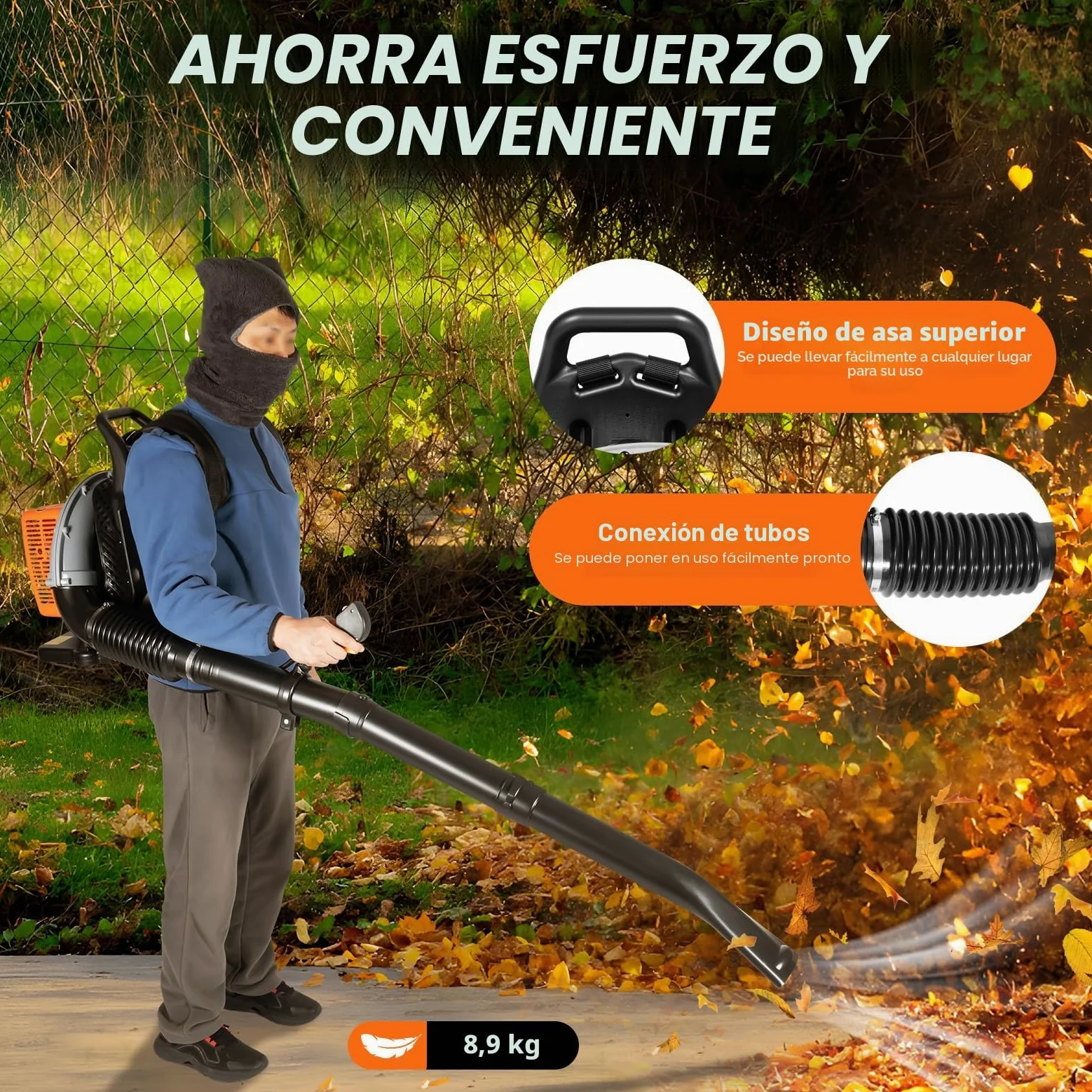 Soplador de Hojas de Gasolina, 65 CC, 3,6 CV, 2 Tiempos, soplador de Hojas, barredora de Polvo con Correa Ajustable, depósito de Combustible de 1,7 l, Boquilla de llenado de Aceite Externa