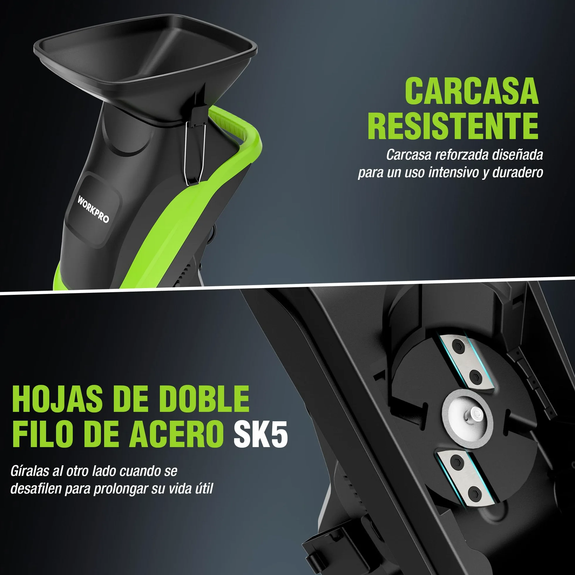 WORKPRO Trituradora de Jardin Eléctrica Cuchillas 2500W con Tijeras de Podar, Biotrituradora de Ramas Ø44 mm, 4300 RPM, Trituradora de Hojas con 2 Bolsas de 45 L, Trituradora para Residuos de Jardín