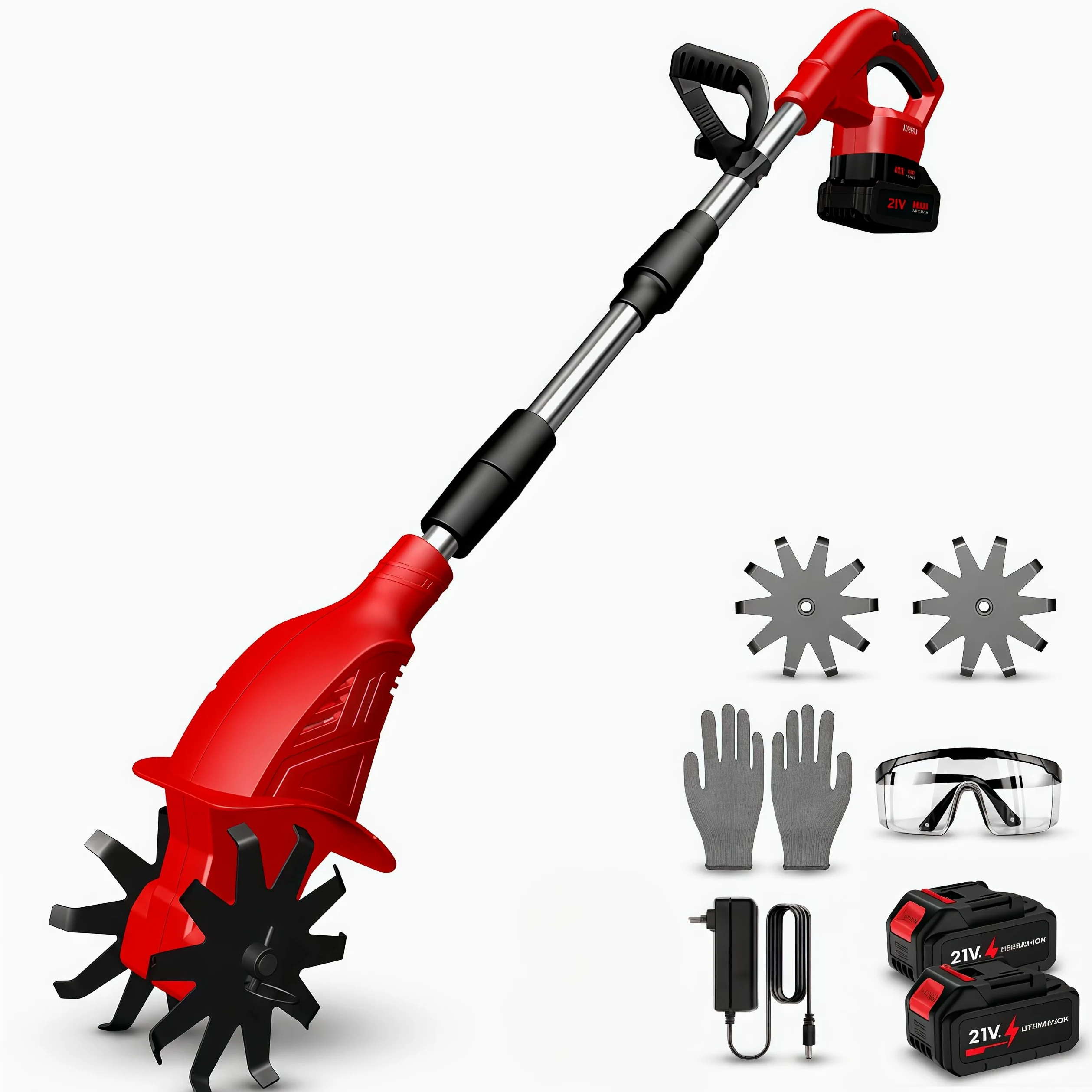 Motoazada Electrica 500W, Motoazada Bateria Inalámbrica Portátil, Ancho de Labranza 20 cm Profundidad de Labranza 15 cm 2 Baterías de 3000 mAh, Motocultor para Labrar y Suavizar el Suelo