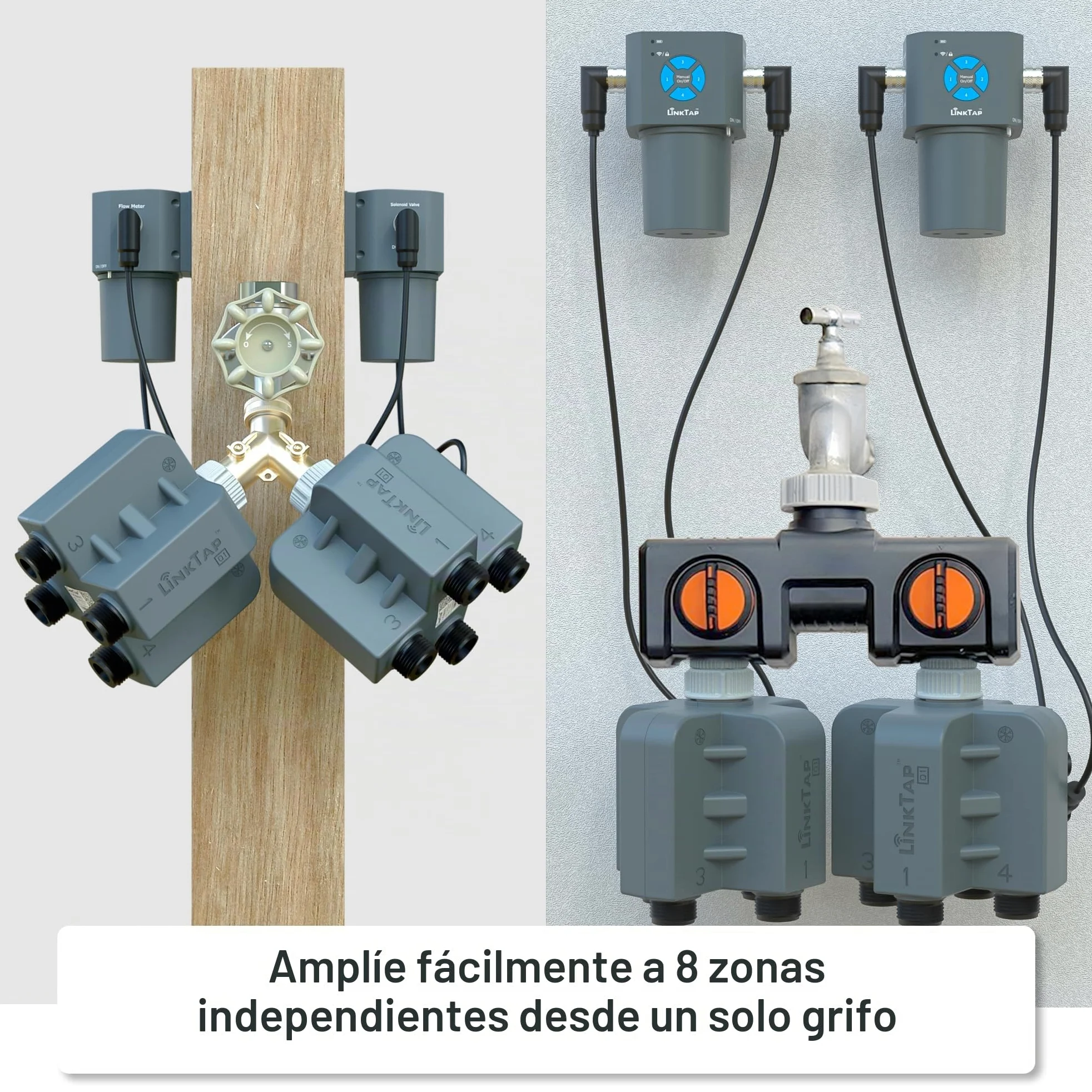 LinkTap Q1 Programador de Riego 4 Salidas y Gateway, 4 Caudalímetros, IP66 | Temporizador 4 Zonas Independientes, Riego Clima/Volumen/Tiempo, Detección Fallos y Fugas, Alimentación Flex, Anti-Helada