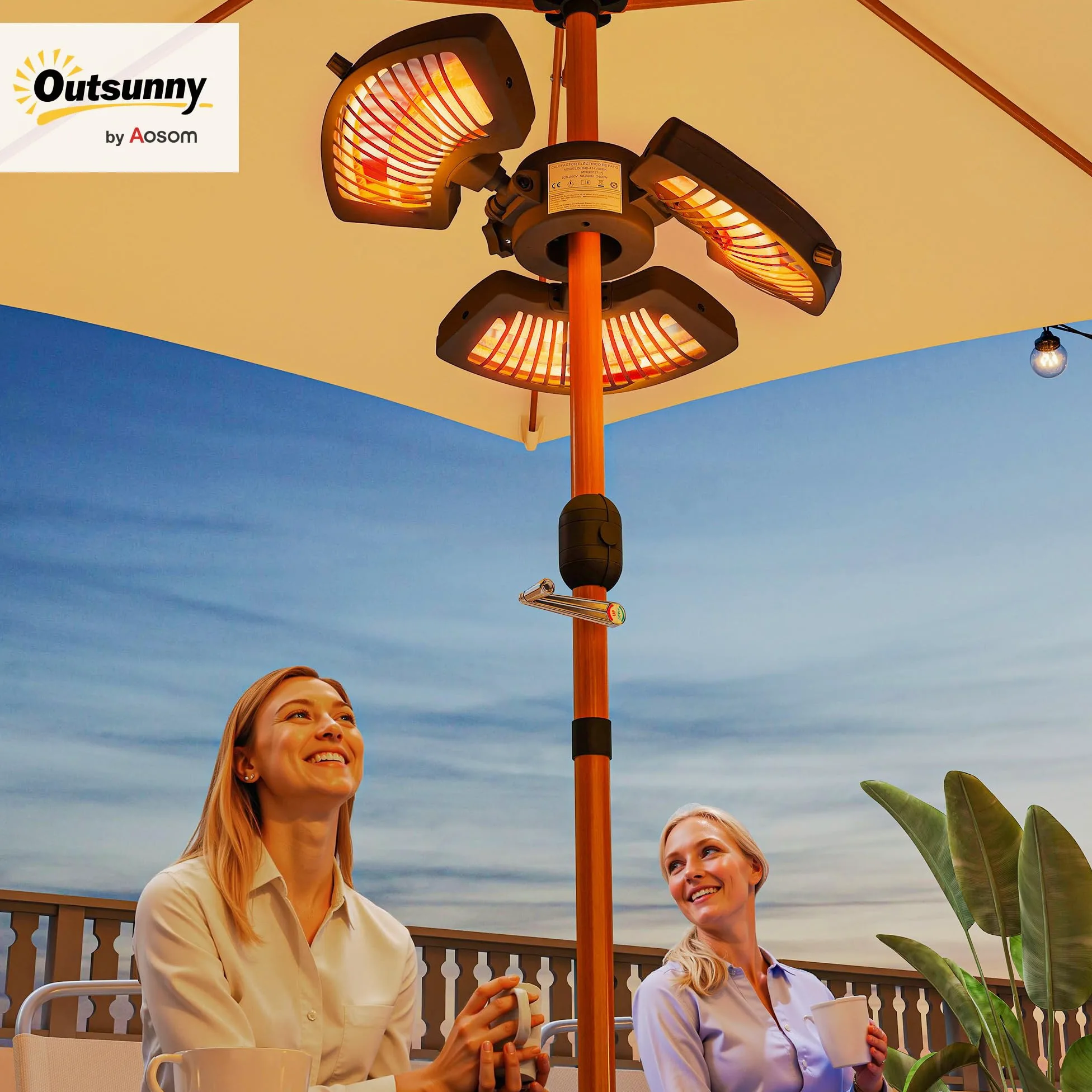 Outsunny Calefactor por Infrarrojos para Parasol 800/1600/2400W Negro | Estufa Exterior Eléctrica de Aluminio, 3 Niveles de Calentamiento, Protección Antivuelco, IP44, para Terraza Patio Jardín