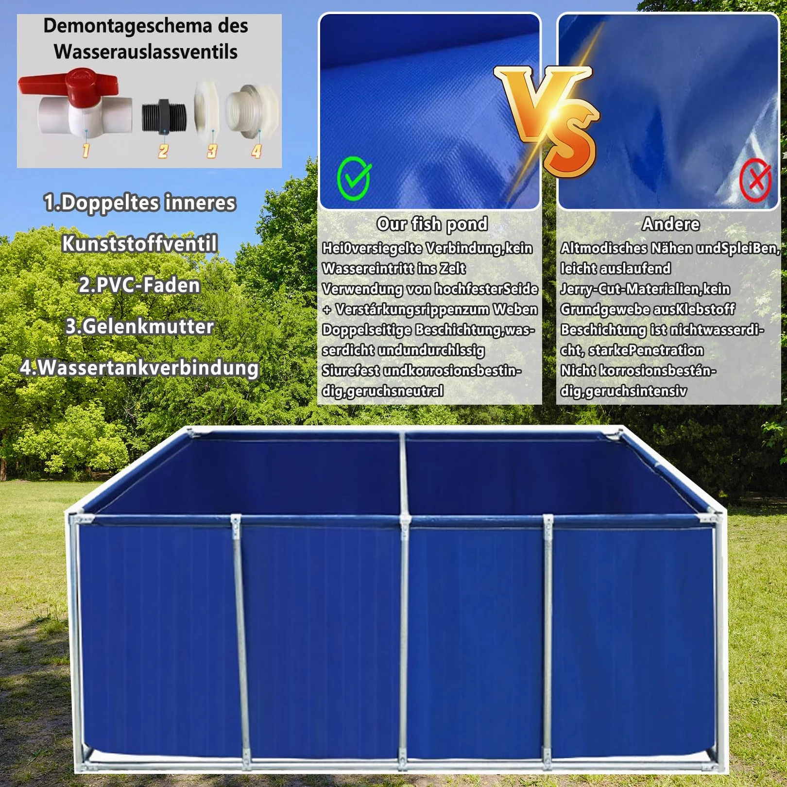 Tanque de agua temporal de cultivo de 1,5 x 1 x 0,6 m, ideal para peces de agua salada, almacenamiento y visualización, solución acuática portátil duradera al aire libre