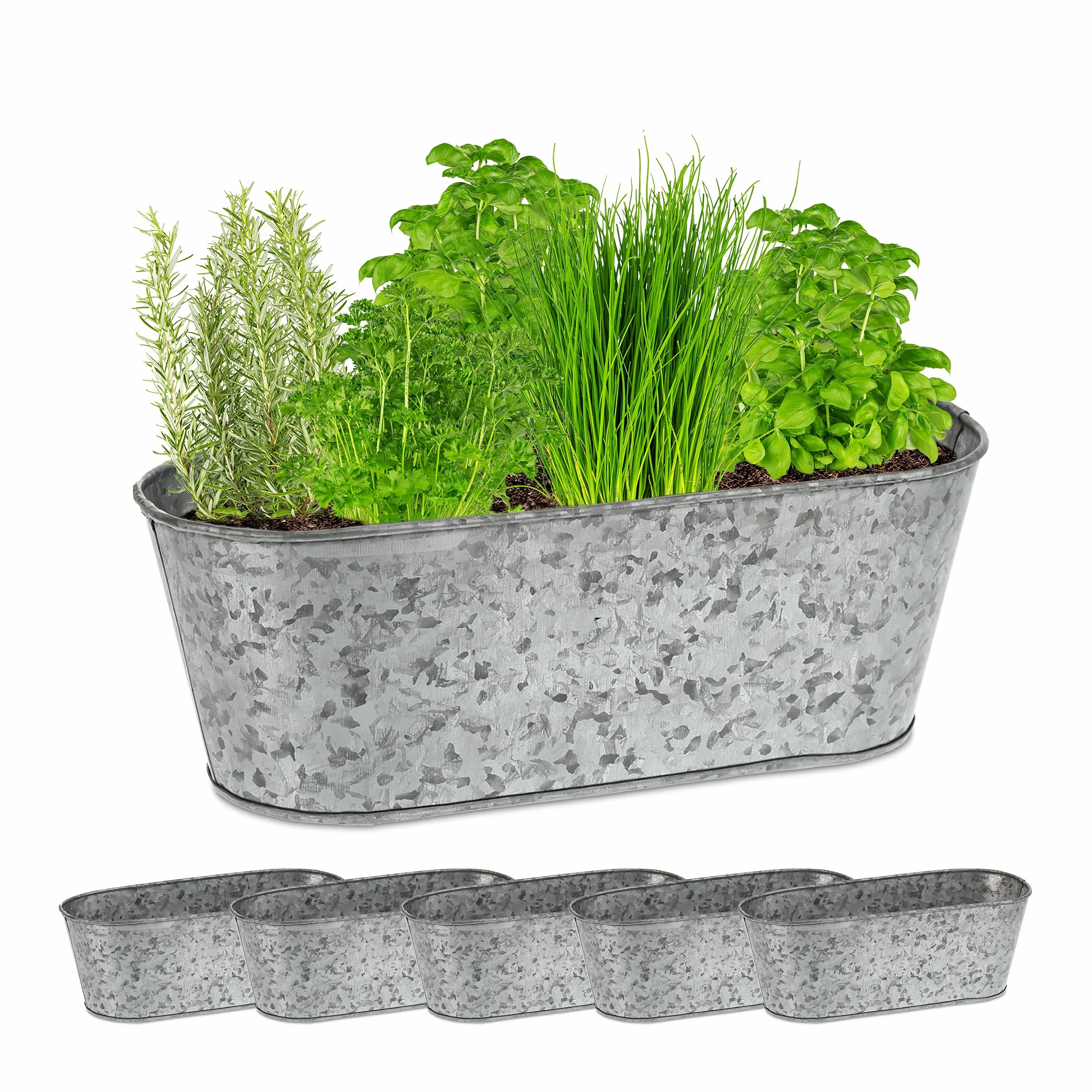 Relaxdays Set 6 Jardineras de Zinc, Macetas Galvanizadas, Maceterios Hierro Ovalados Exterior, 11x30,5x13,5 cm, Plateado