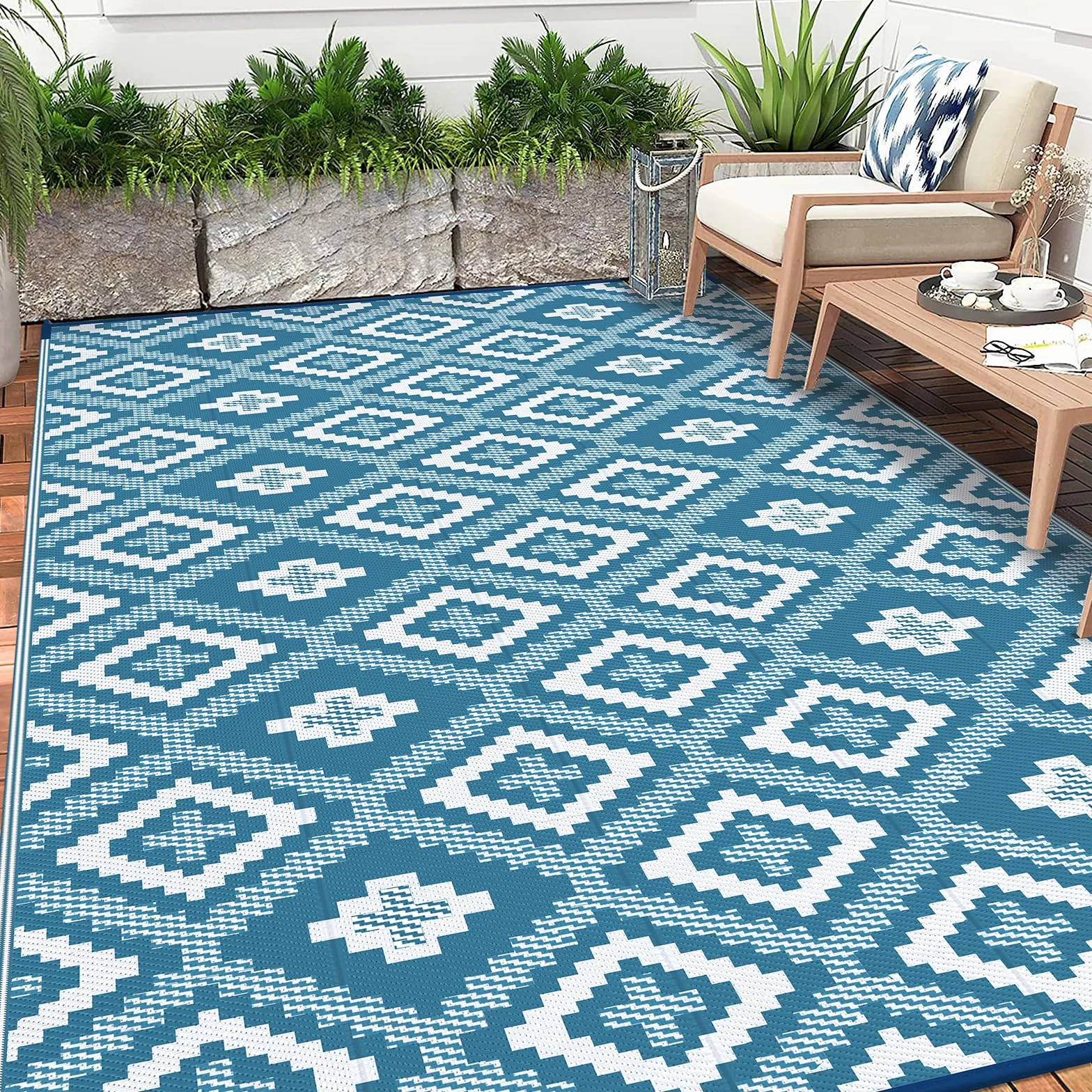 Enyhom Alfombra impermeable para exteriores, grande, reversible, de plástico, para jardín, resistente a los rayos UV, plegable, para camping, balcón, terraza, 240 x 300 cm, color verde azulado
