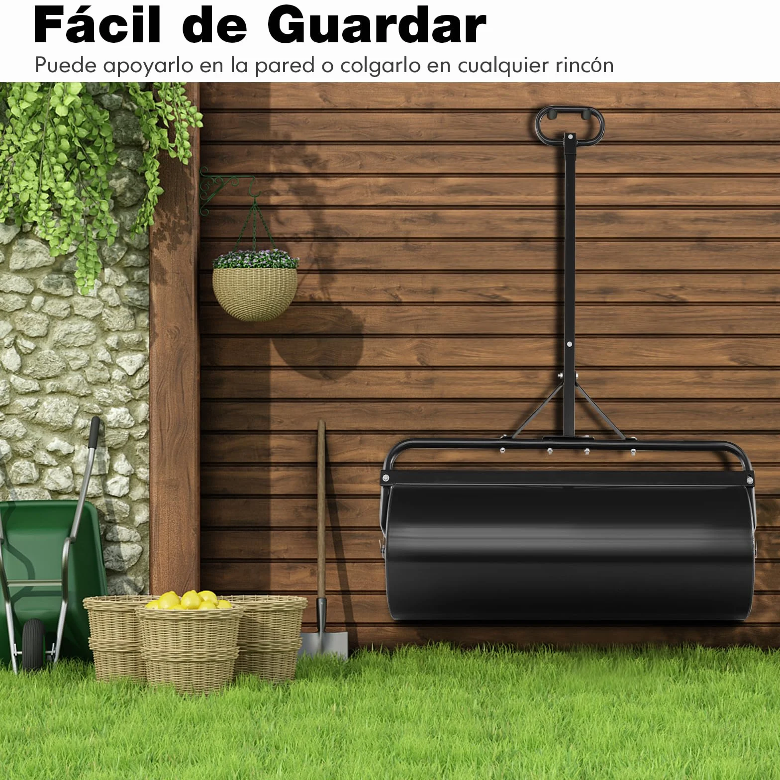 COSTWAY 113L Rodillo de Césped Metálico, Rodillo de Césped para Empujar o Tirar Llenado de Agua o Arena con Mango Desmontable para Jardín, Patio, Parque, Granja (Negro, 146x99x40cm)