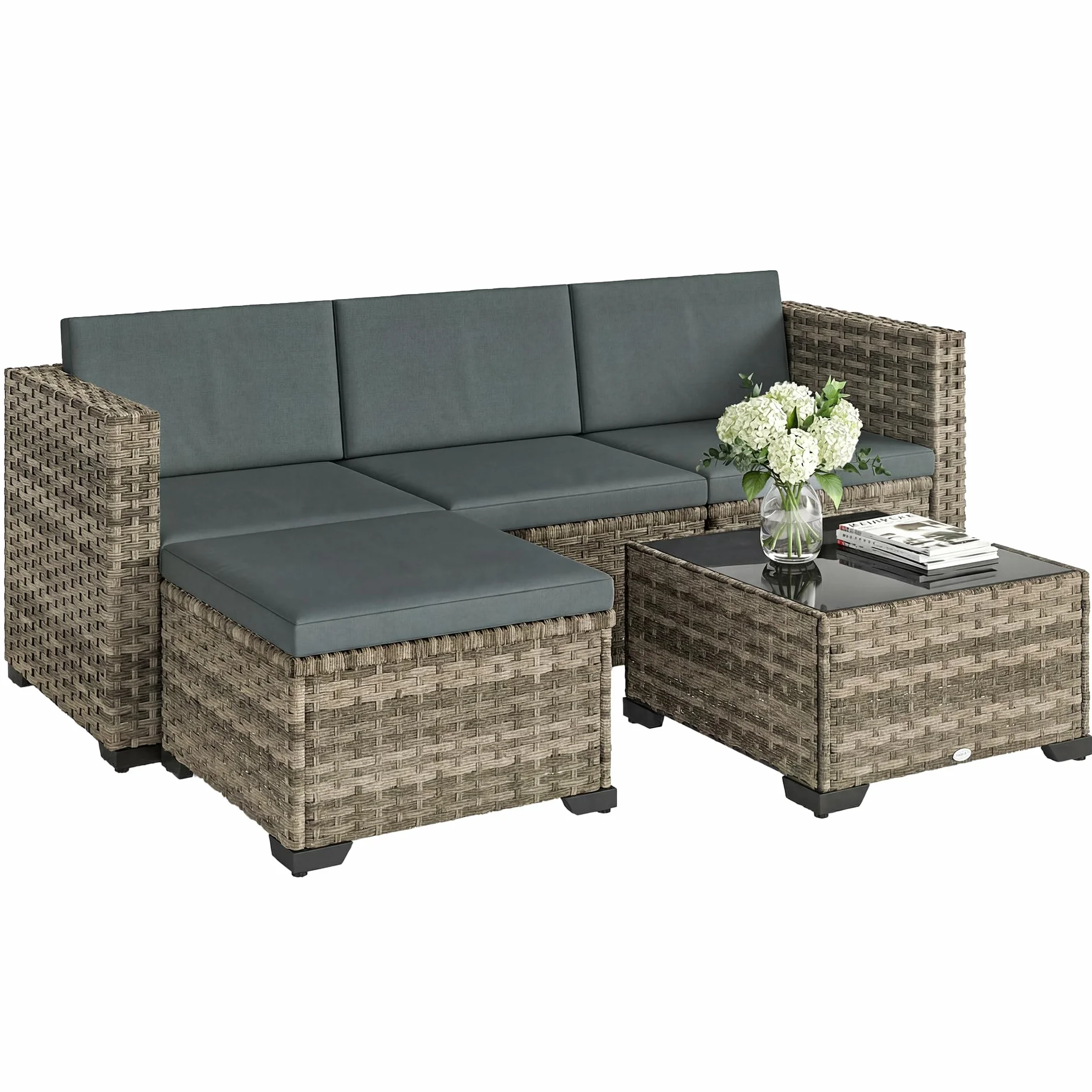 Outsunny Conjunto de Jardín de Ratán de 5 Piezas, Conjunto Terraza Resistente, Muebles Jardín Exterior Incluye Cojines, 2 Sillones de Esquina, Sillón sin Brazos, Reposapiés y Mesa Centro, Gris Oscuro