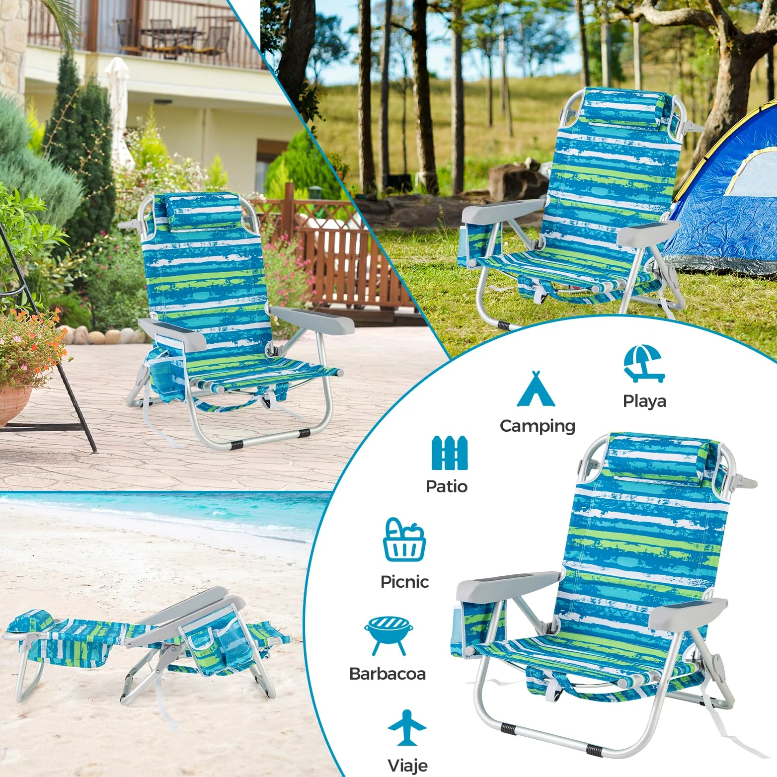GOPLUS Silla Playa Plegable, Silla de Camping Ligera con Respaldo Ajustable en 5 Posiciones, Barra para Toallas, Portavasos, Almohada, Correas, Tumbona Exterior Reclinable, Carga 150 kg (Verde+Azul,2)