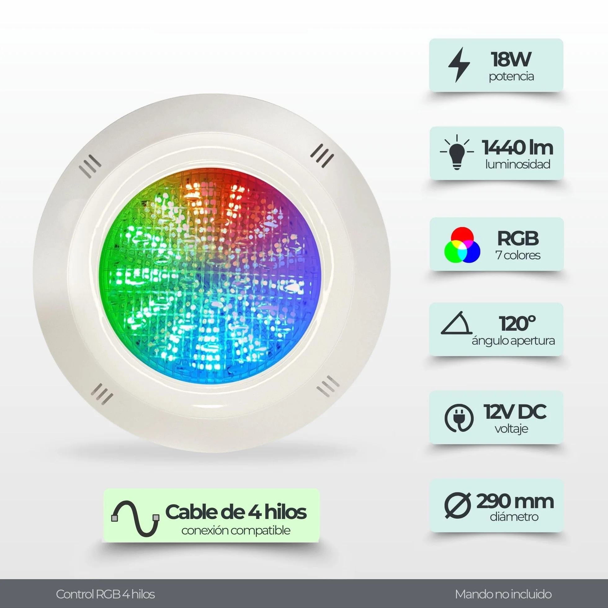 SWIMHOME Foco LED Piscina RGB Superficie 18W 12V DC 4 Hilos IP68 Sincronizable Ø29cm Requiere Controlador