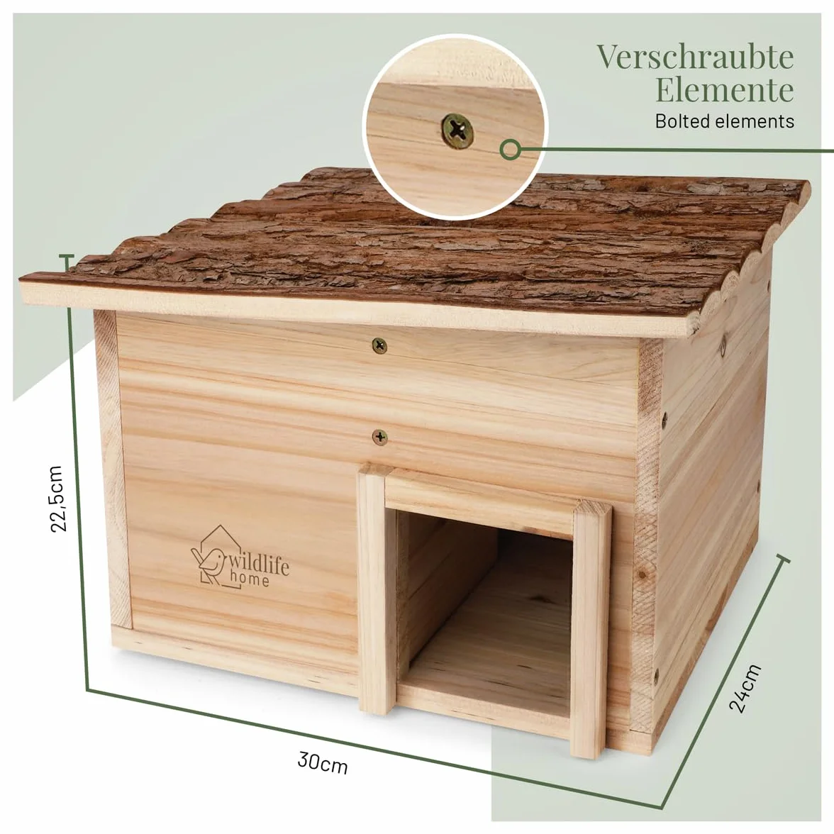 wildlife home Casa de erizos resistente al invierno de madera con suelo y techo de corteza resistente a la intemperie | Casa de alimentación para erizos | A prueba de gatos | Refugio de invierno para