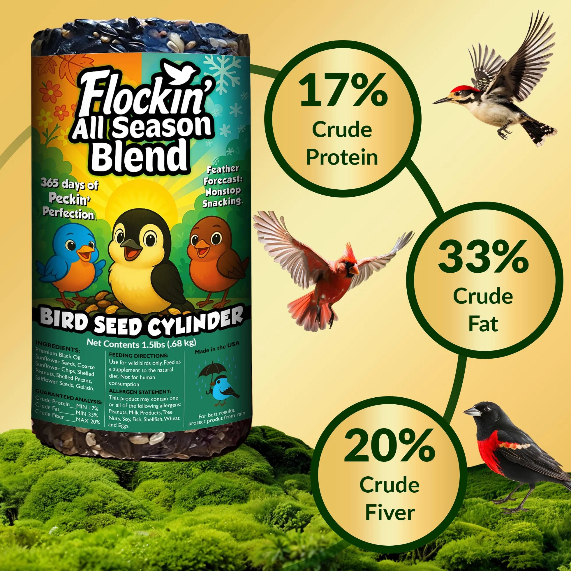 Cilindro de semillas de pájaros para todas las estaciones con agujero, alimento para pájaros silvestres durante todo el año para Blue Jays, palomas, pinzones y más, mezcla equilibrada de alta energía