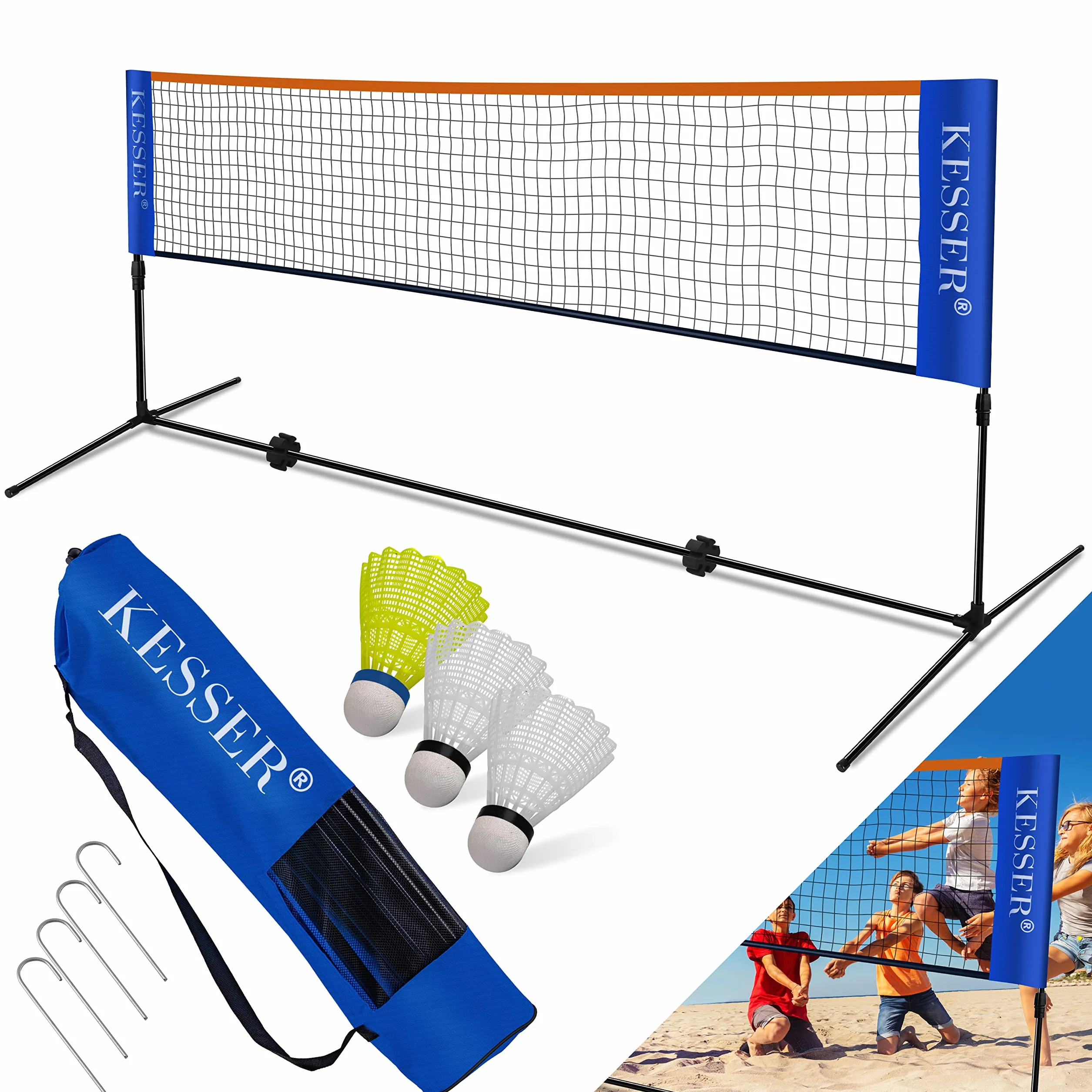 KESSER Red de bádminton con Altura Ajustable en 3 Posiciones, Juego Compuesto por Red, 3 Pelotas, Marco de Hierro