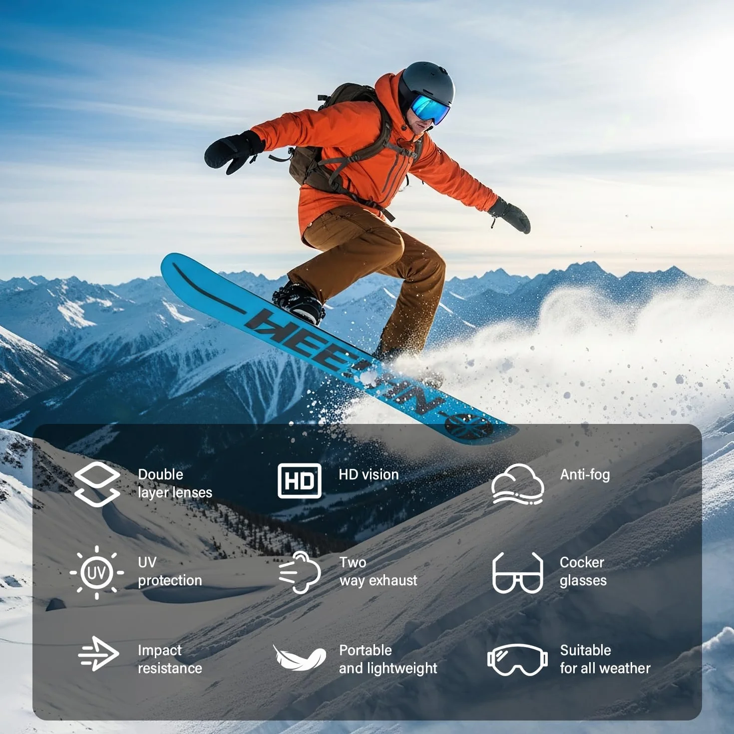 Onherm Gafas de Esquí Doble Lente Esférica Antiempañante Protección UV Compatibles con Casco y Gafas Graduadas