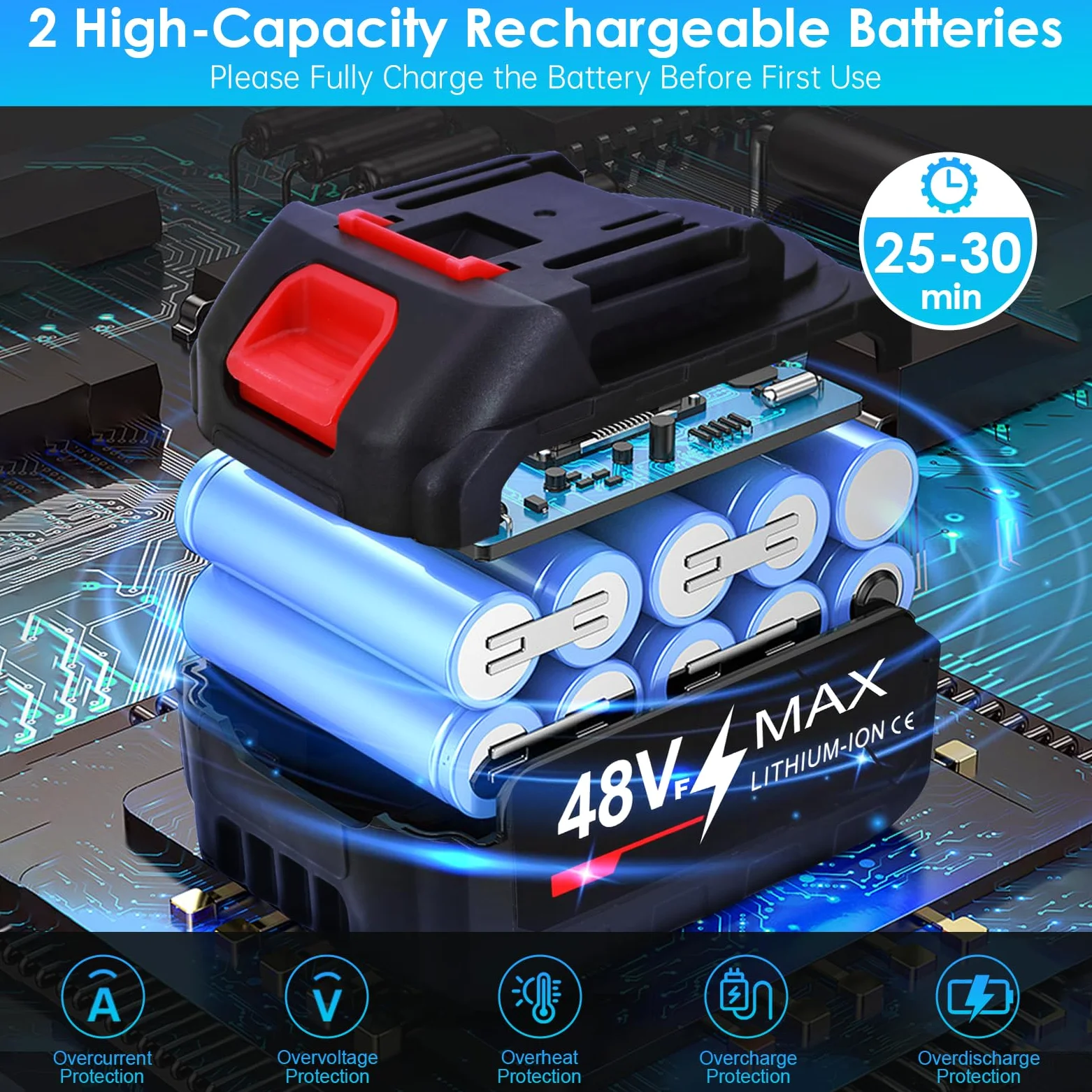 Hidrolimpiadora Inalámbrica 48V 2 Baterías Portátil Boquilla 6 en 1 | Limpieza a presión sin cables. 2 baterías (25-30 min), 6 modos, manguera 5m, fácil de guardar. Ideal para coches o jardín.