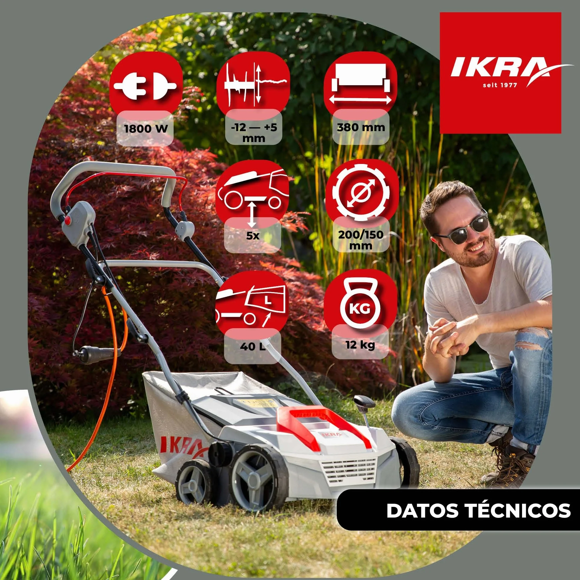 IKRA escarificador y aireador eléctrico IEVL 1838, saco coletor 40l, largo de trabajo 38cm, 1800W