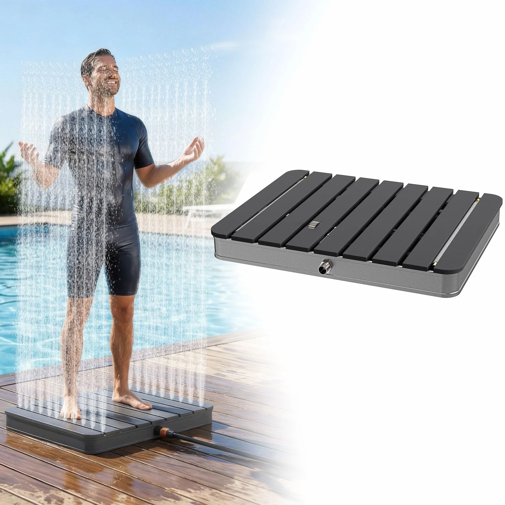 UISEBRT WPC Ducha de jardín con ruedas hasta 4 m de altura de la fuente, antideslizante, resistente a la intemperie y a las heladas y a los rayos UV, ducha exterior para piscina, camping, sauna