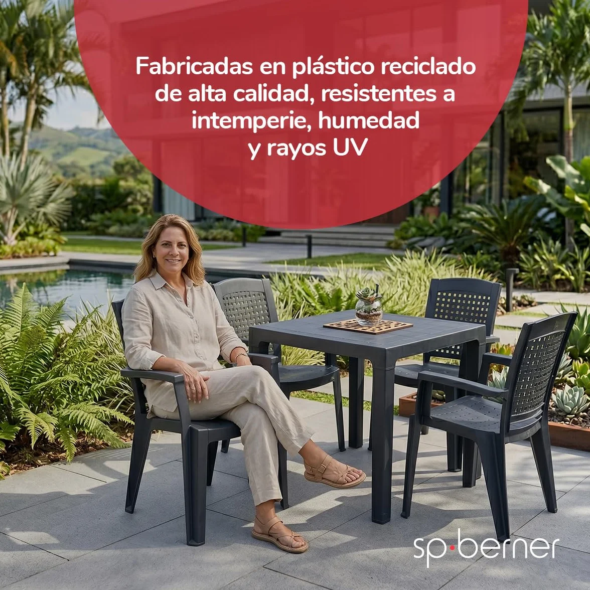 SP Berner SHAF - Pack 4 Sillas - Jardín Exterior y Terraza - Plástico Reciclado Resistente UV - Apilables - Modelo Metal - Blanco