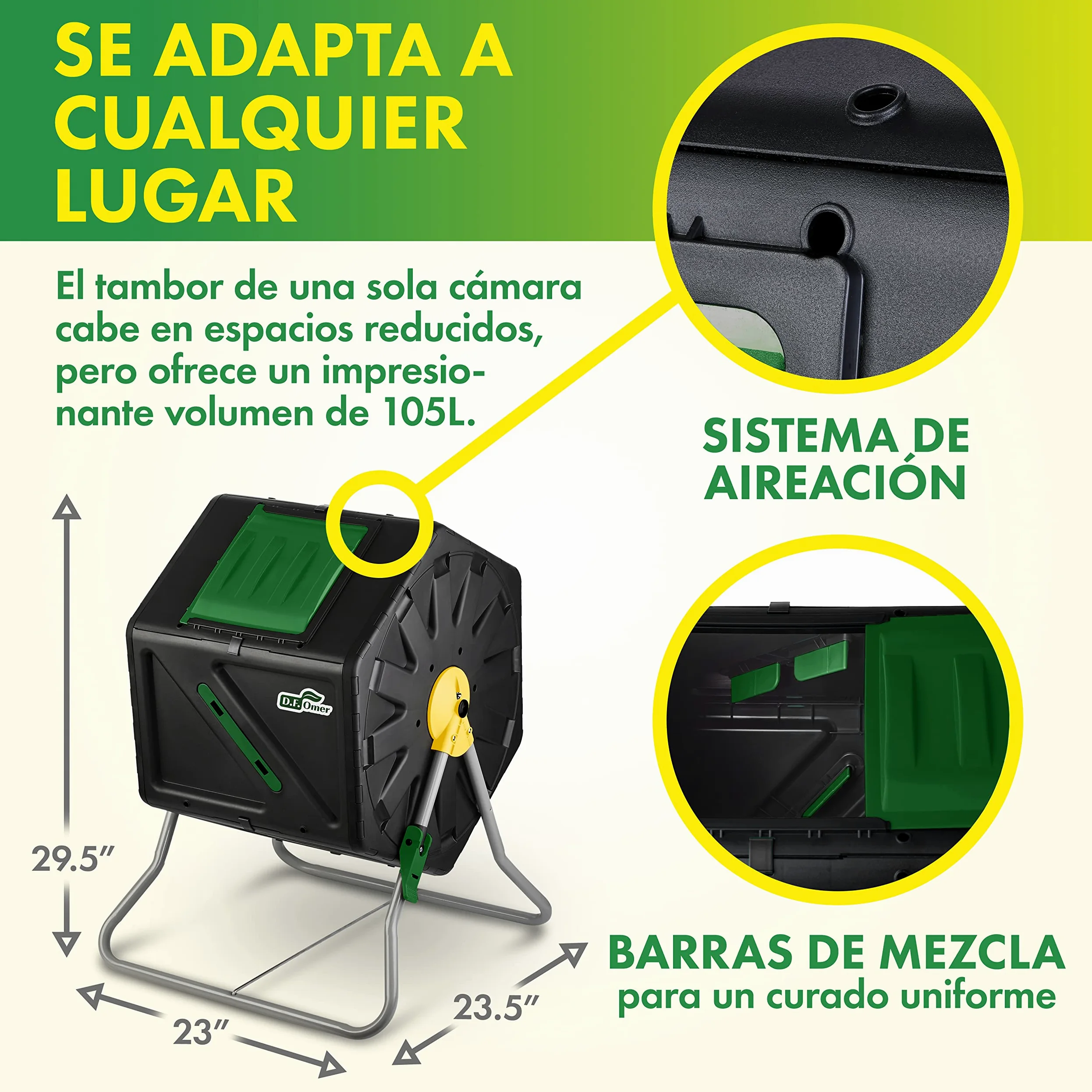 DF OMER Contenedor De Compostaje De Una Cámara para Jardín Al Aire Libre - Diseño Compacto Capacidad De 105L - Compostador De Barril con Tambor Rodante Resistente