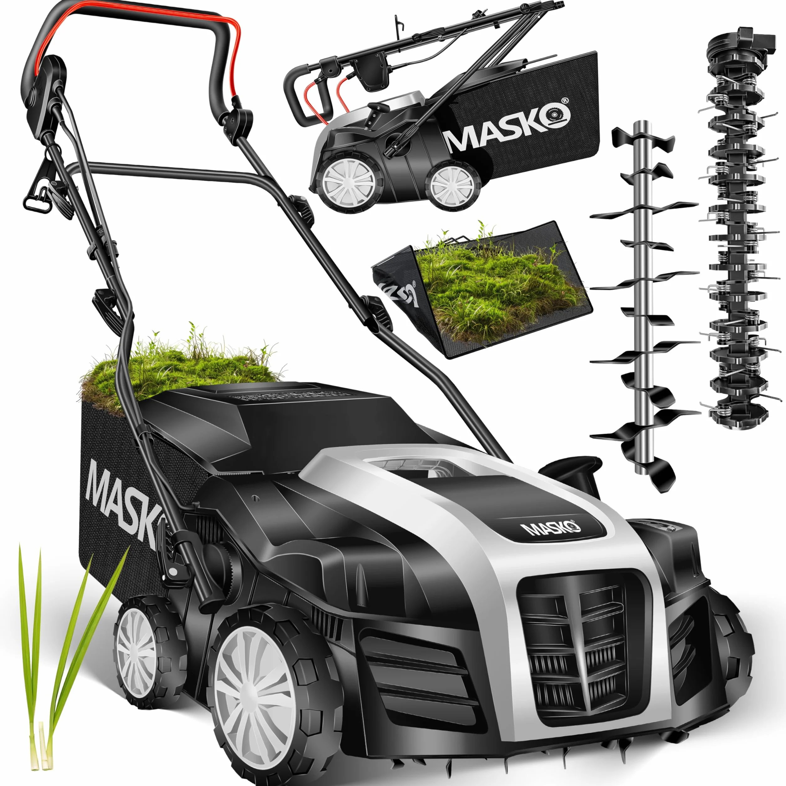 MASKO® Escarificador eléctrico 2 en 1, aireador de césped 1800W, 40 cm de ancho de trabajo, cesta de recogida de 55 l, eliminador de musgo, profundidad de trabajo ajustable en 5 etapas, negro