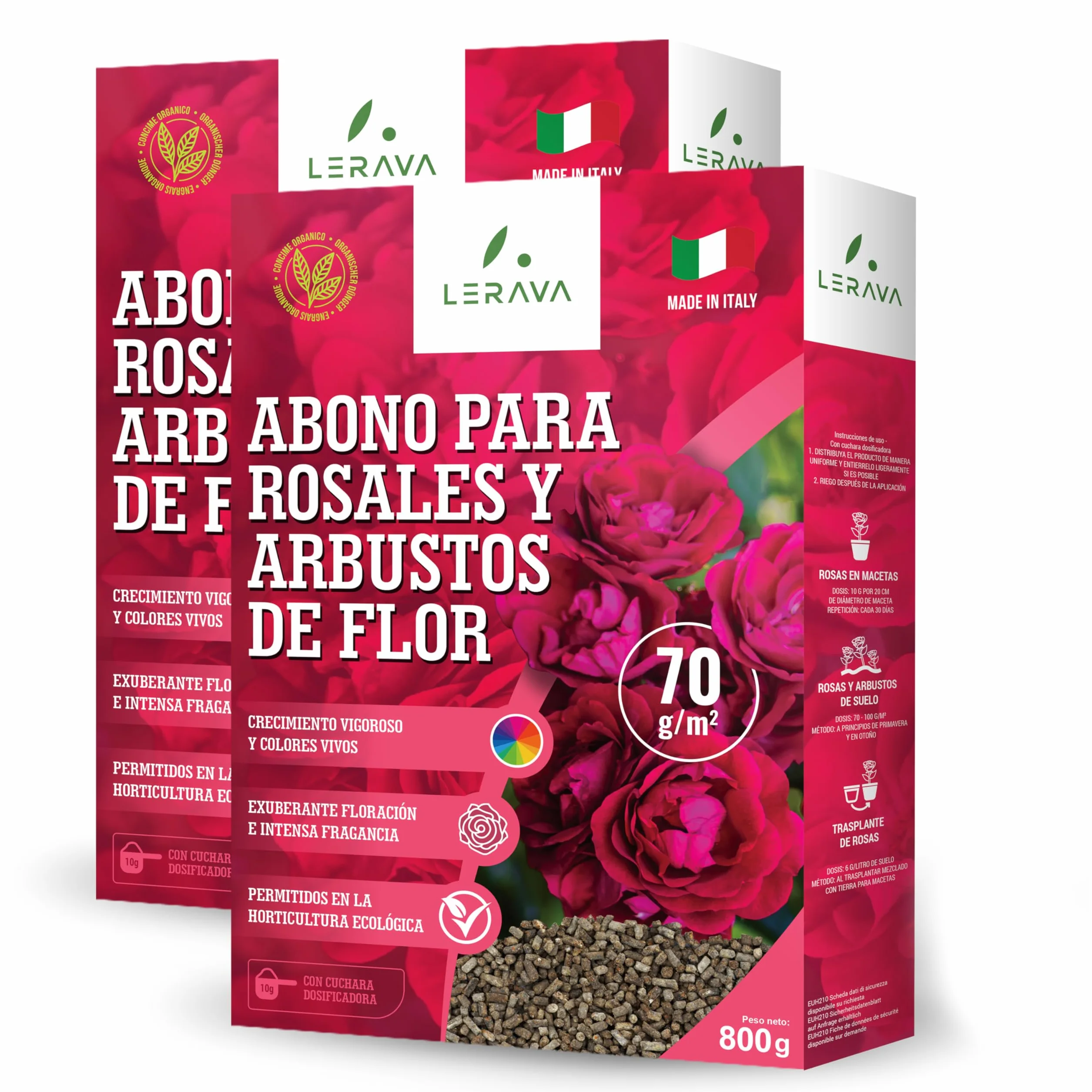 LERAVA® Abono rosales y plantas con flor - 2x800g con tapón dosificador - Crecimiento vigoroso y colores brillantes - fertilizante plantas de exterior o en maceta - abono orgánico 100% Made in Italy